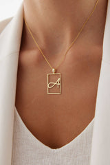 Framed Initial Necklace - 18K Gold-Plated Rectangle Pendant
