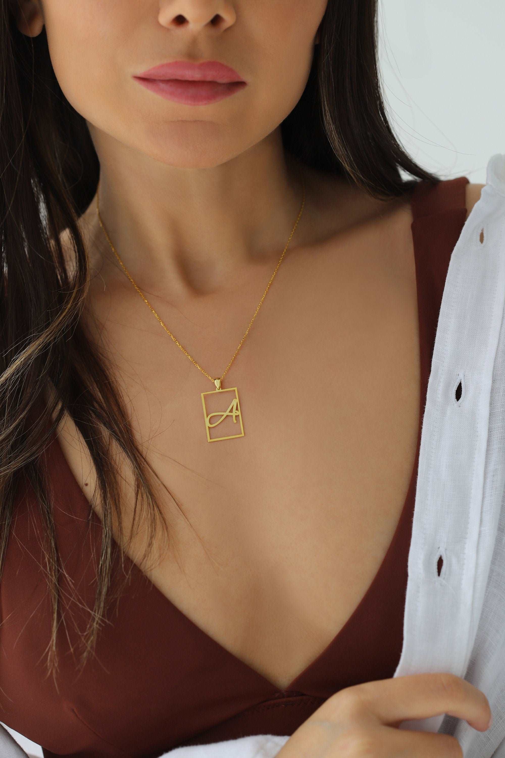 Framed Initial Necklace - 18K Gold-Plated Rectangle Pendant