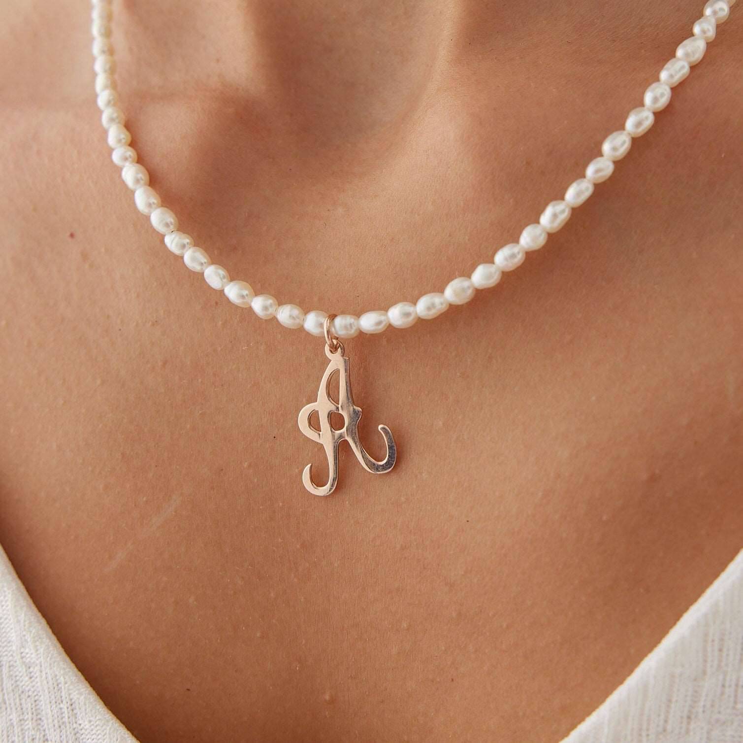 Freshwater Pearl Beaded Initial Letter Necklace, 18K Gold-Plated Sterling Silver