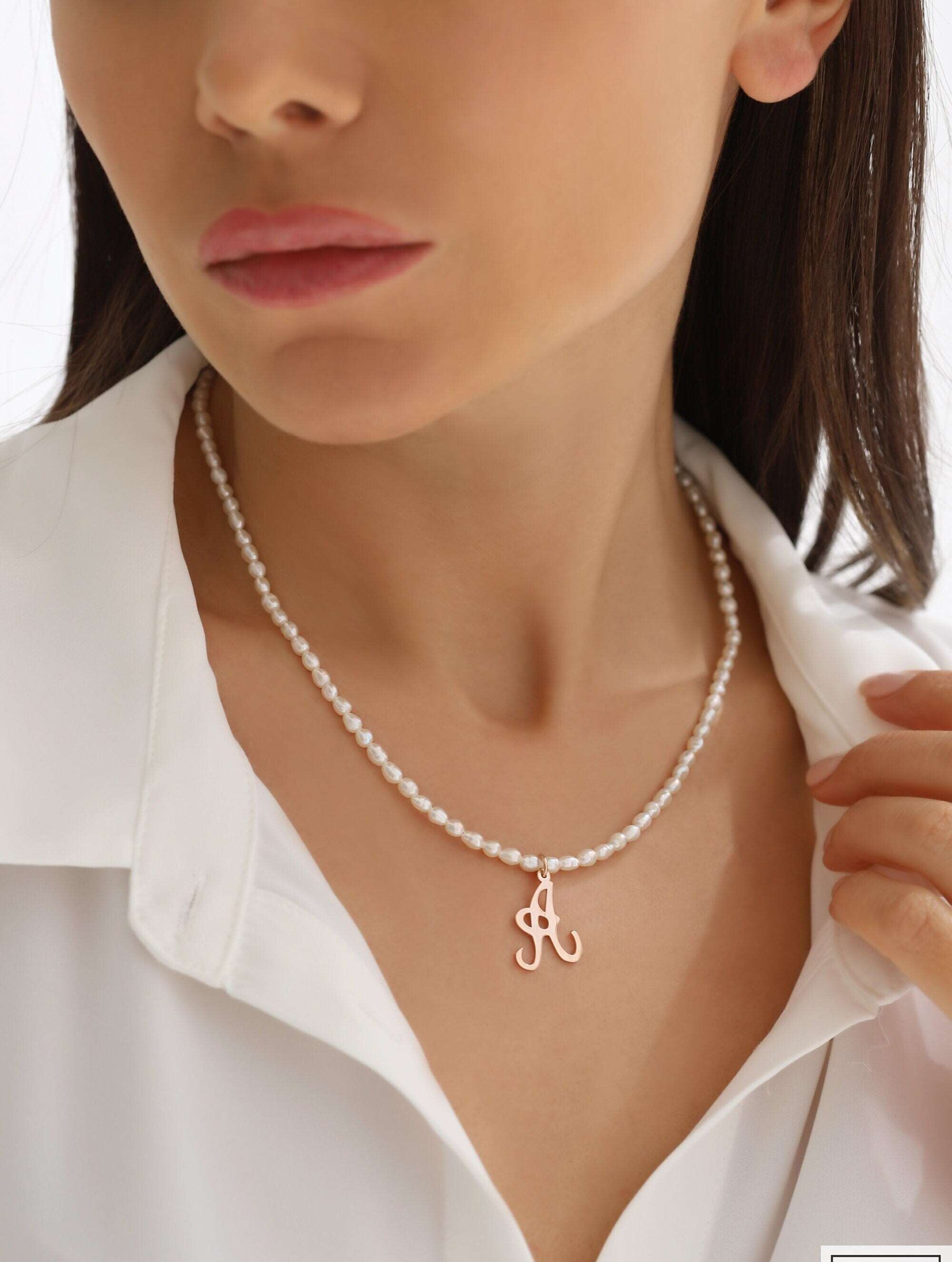 Freshwater Pearl Beaded Initial Letter Necklace, 18K Gold-Plated Sterling Silver