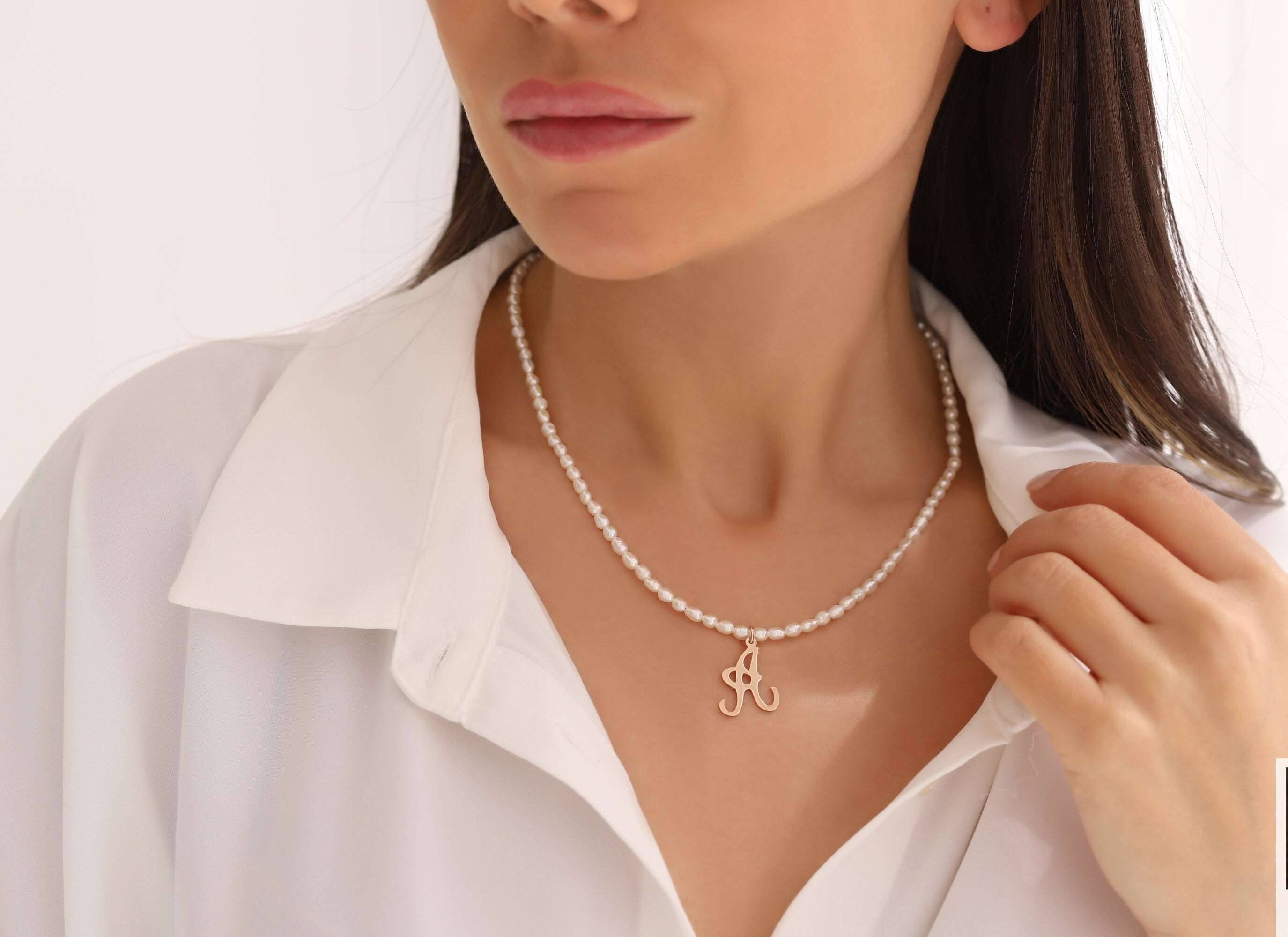 Freshwater Pearl Beaded Initial Letter Necklace, 18K Gold-Plated Sterling Silver