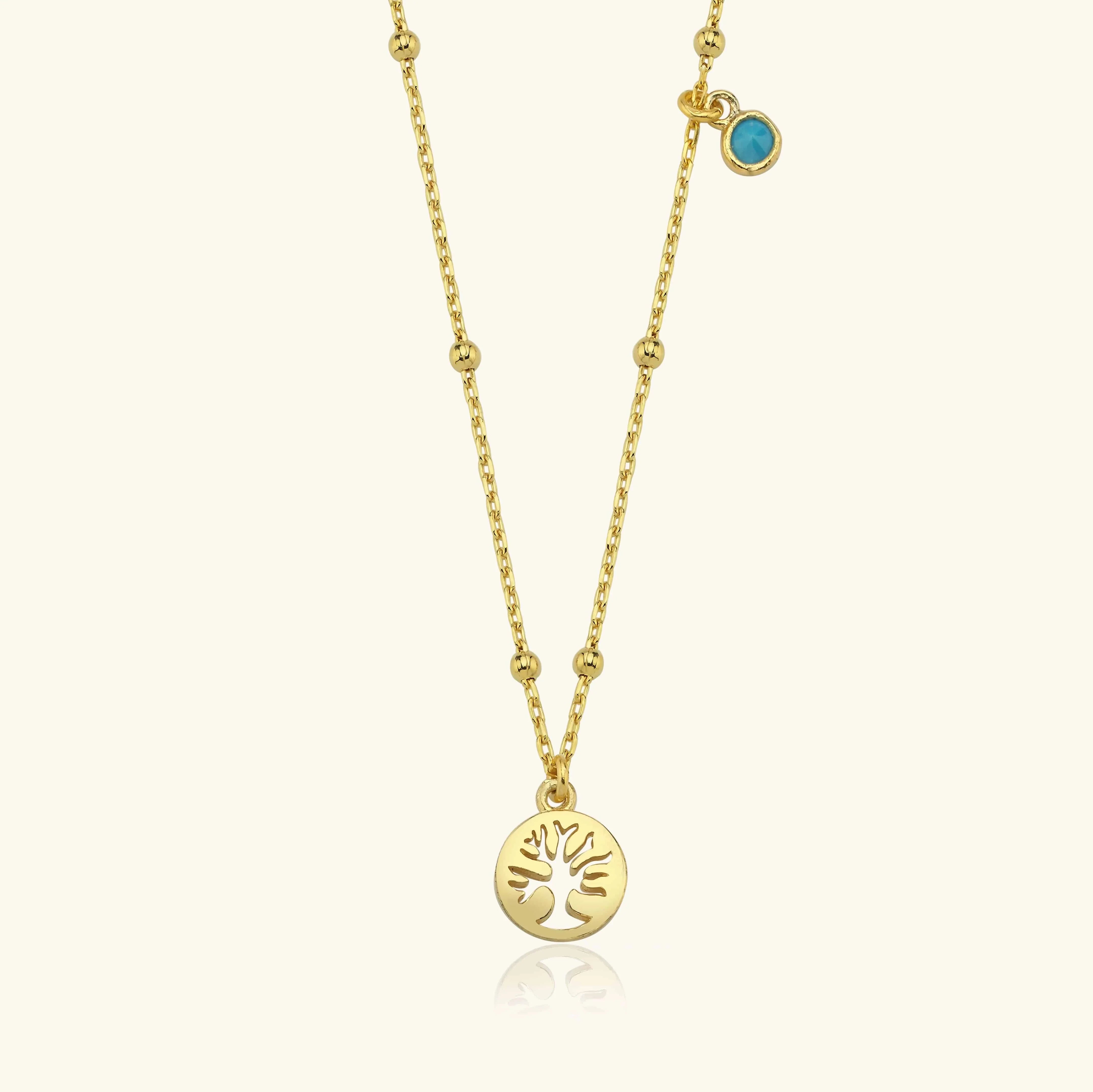 Dainty Tree of Life Turquoise Stone Necklace, 18K Gold-Plated Sterling Silver
