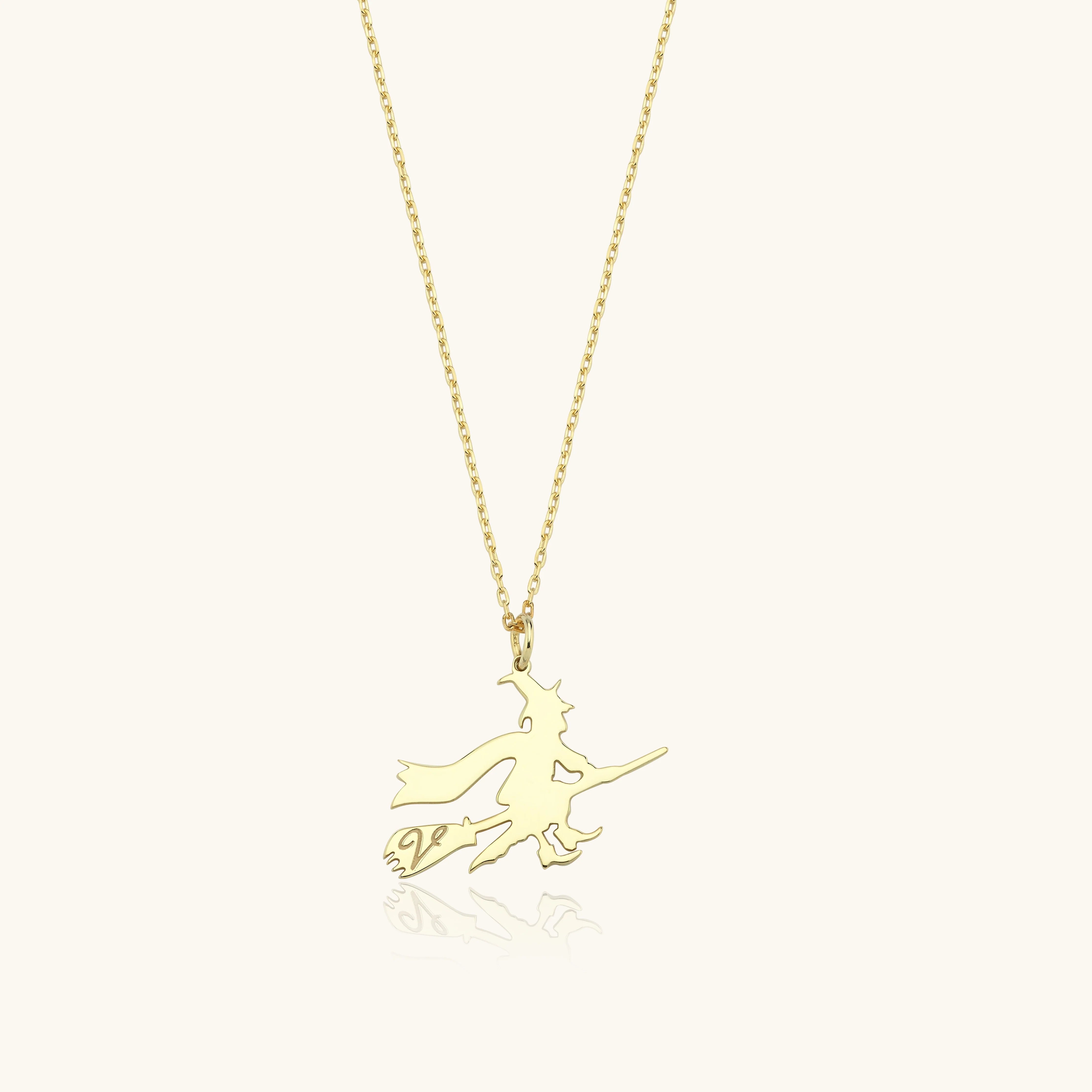 Witch Initial Necklace, 18K Gold-Plated Silver Halloween Jewelry