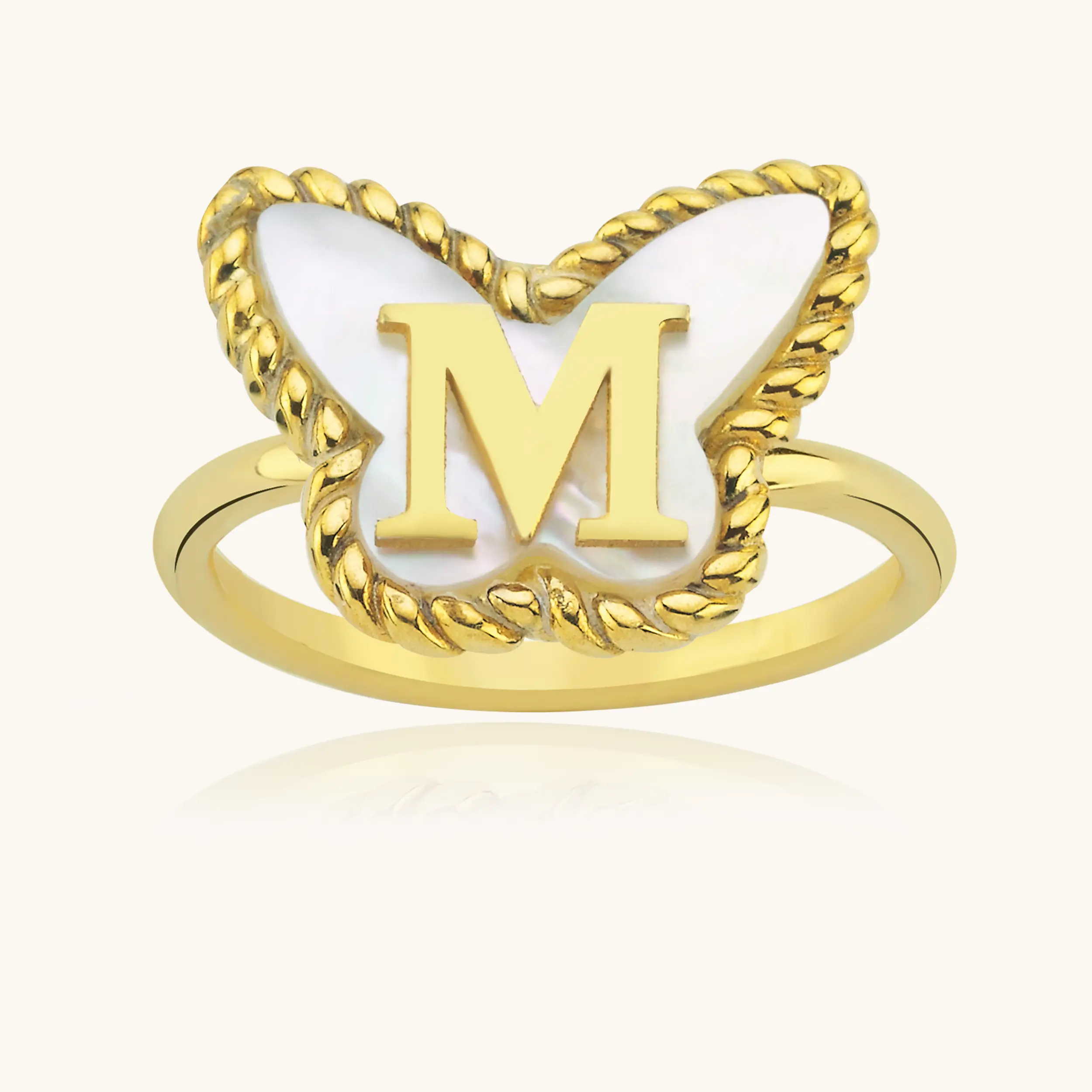 Butterfly Initial Ring – 18K Gold-Plated with Mother of Pearl Inlay
