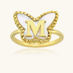 Butterfly Initial Ring – 18K Gold-Plated with Mother of Pearl Inlay