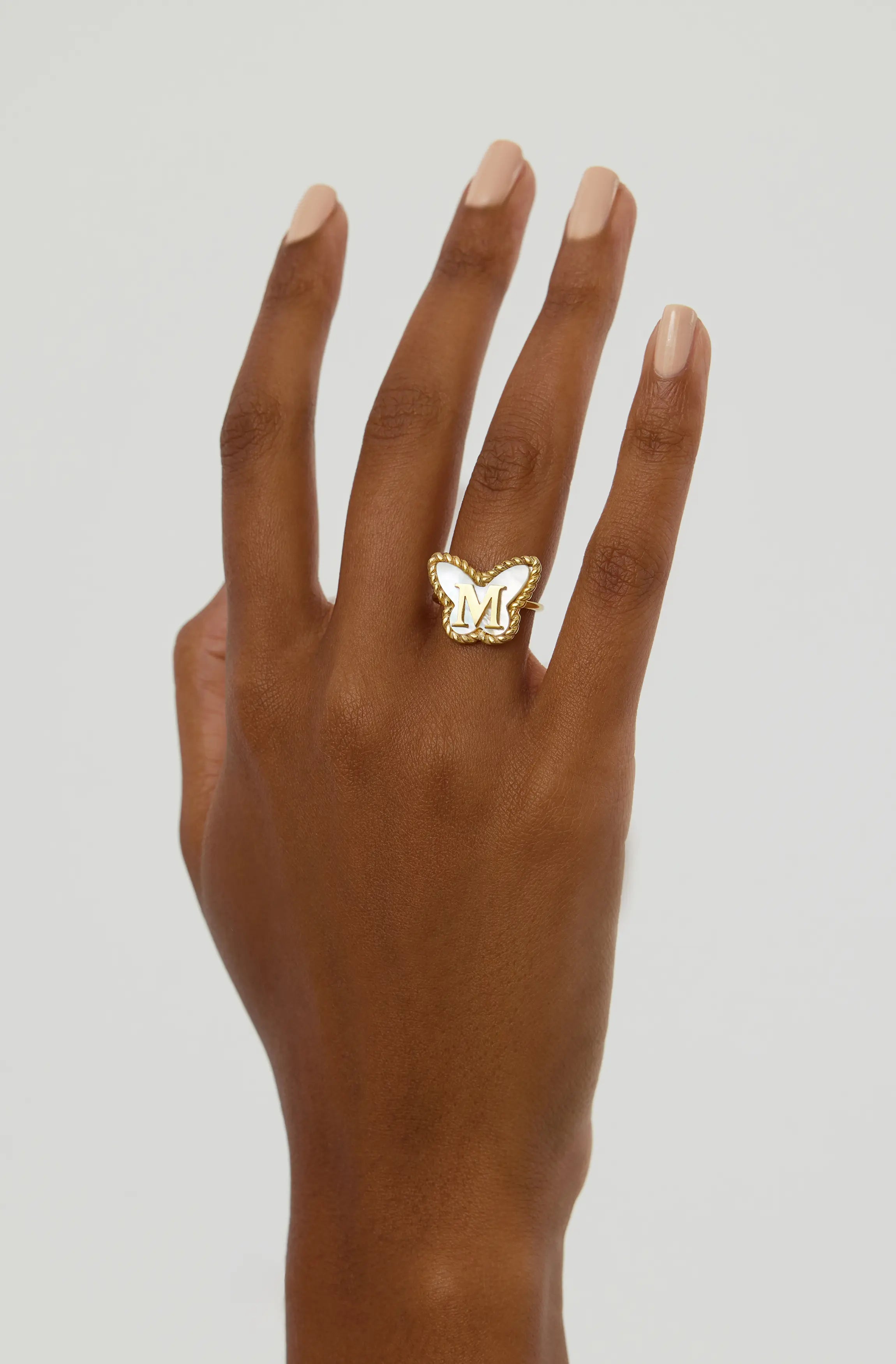 Butterfly Initial Ring – 18K Gold-Plated with Mother of Pearl Inlay
