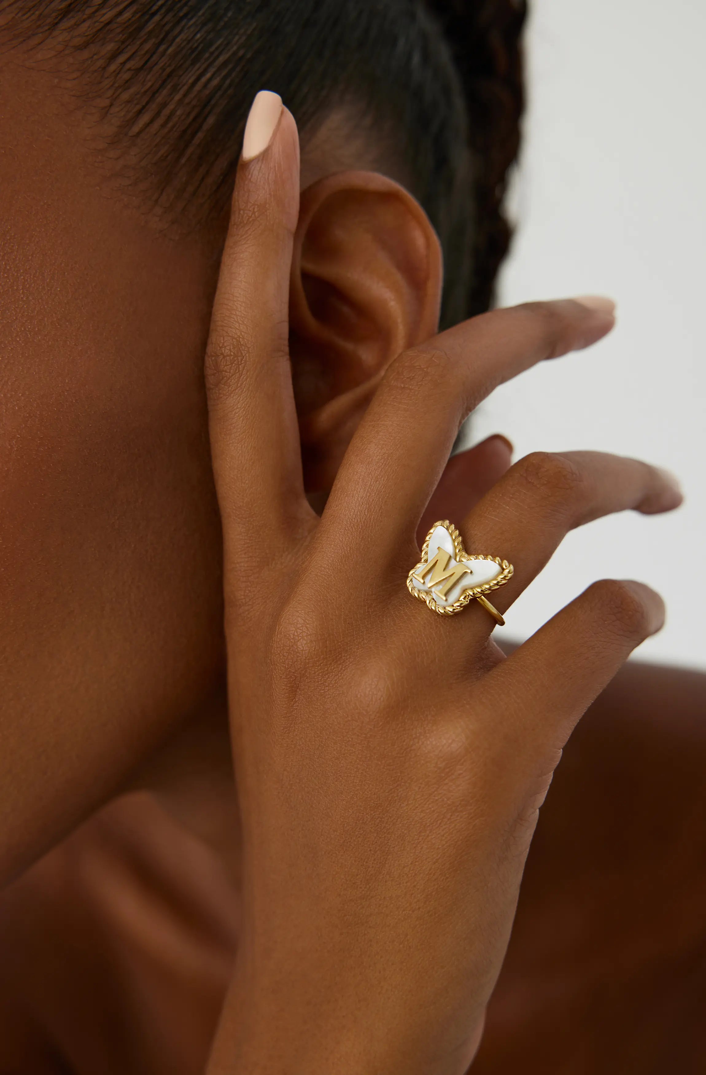 Butterfly Initial Ring – 18K Gold-Plated with Mother of Pearl Inlay