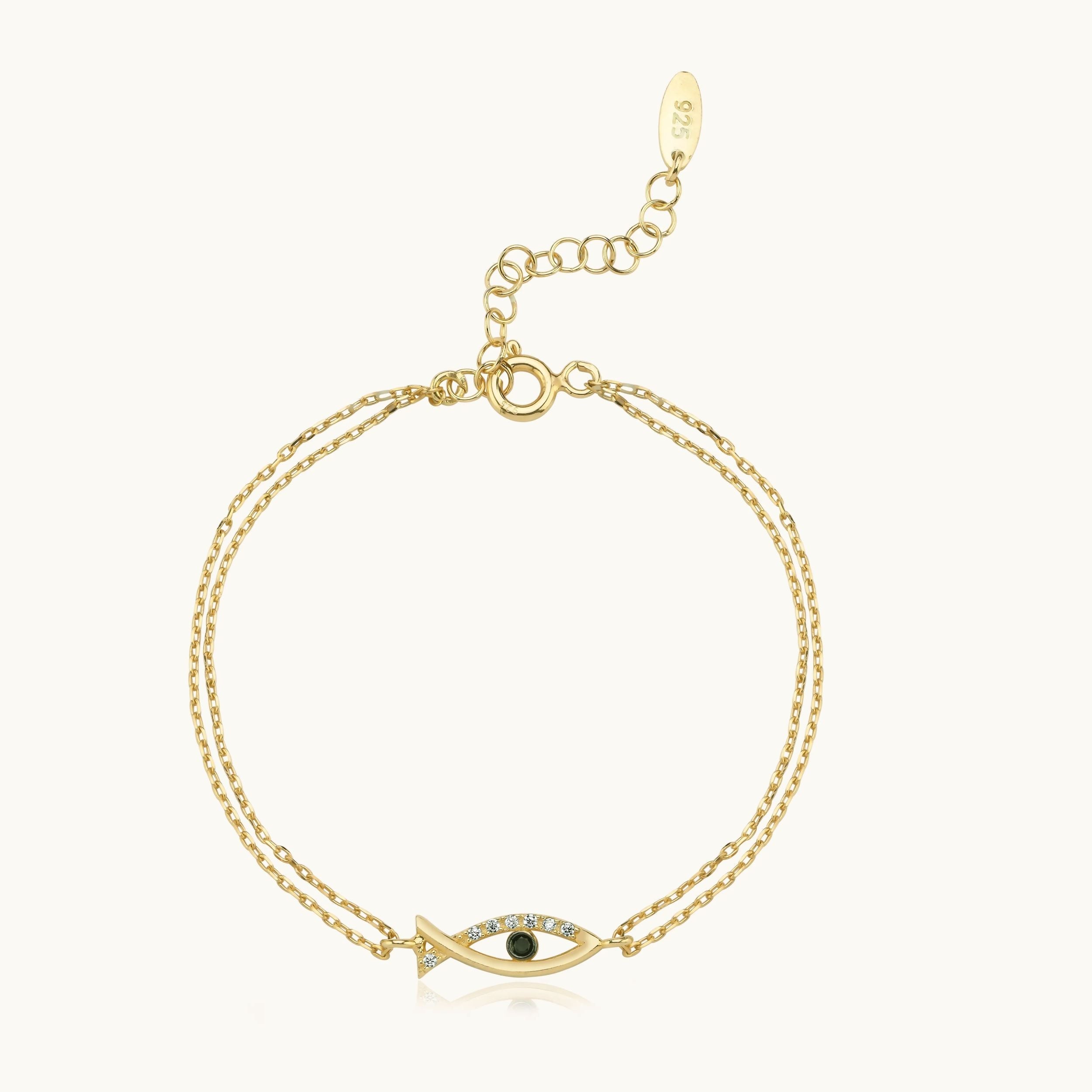 Fish-Shaped Bracelet with CZ Stones and Black Onyx, 18K Gold-Plated Sterling Silver