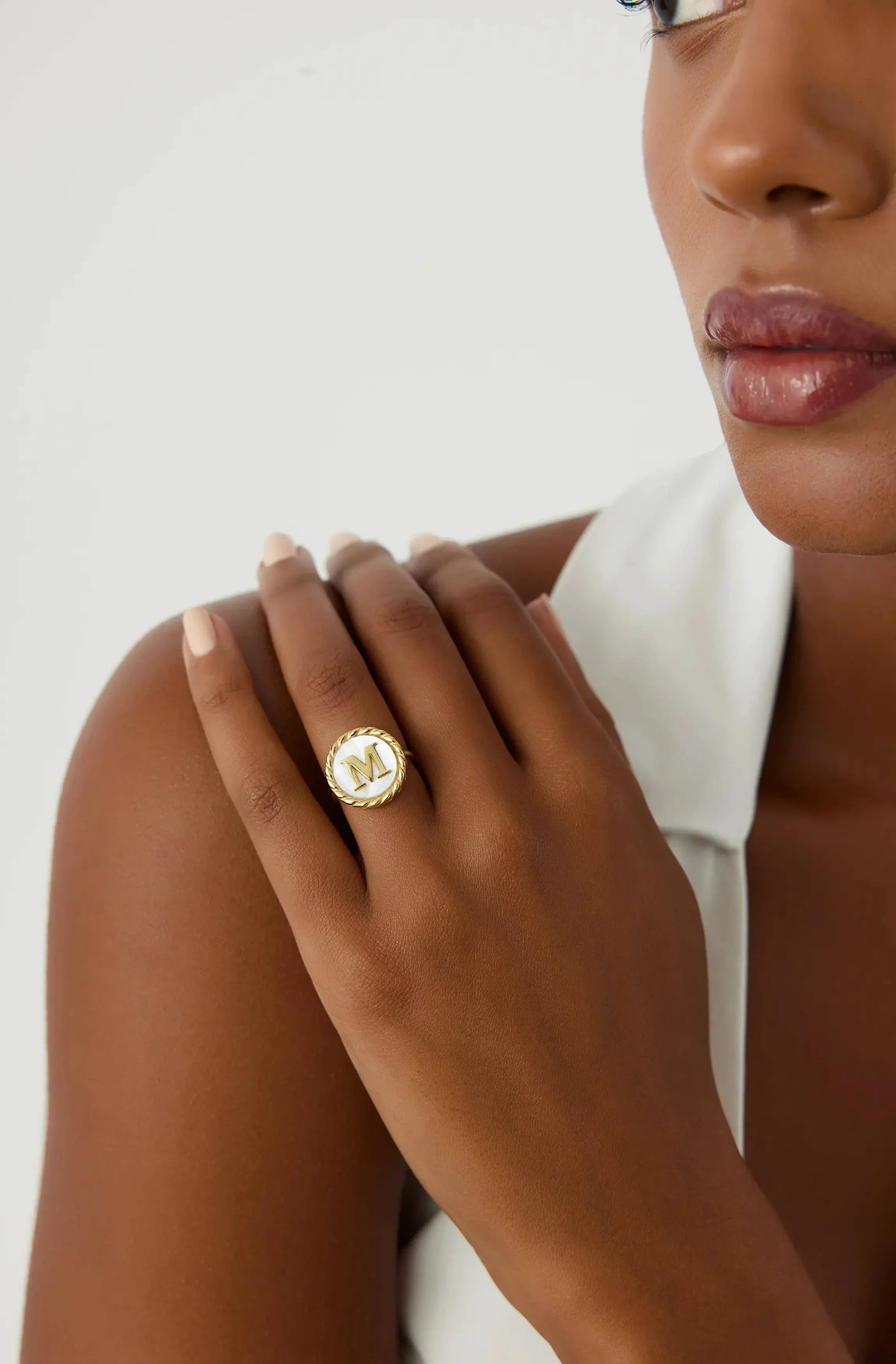 Mother of Pearl Initial Ring – 18K Gold-Plated Sterling Silver Personalized Ring