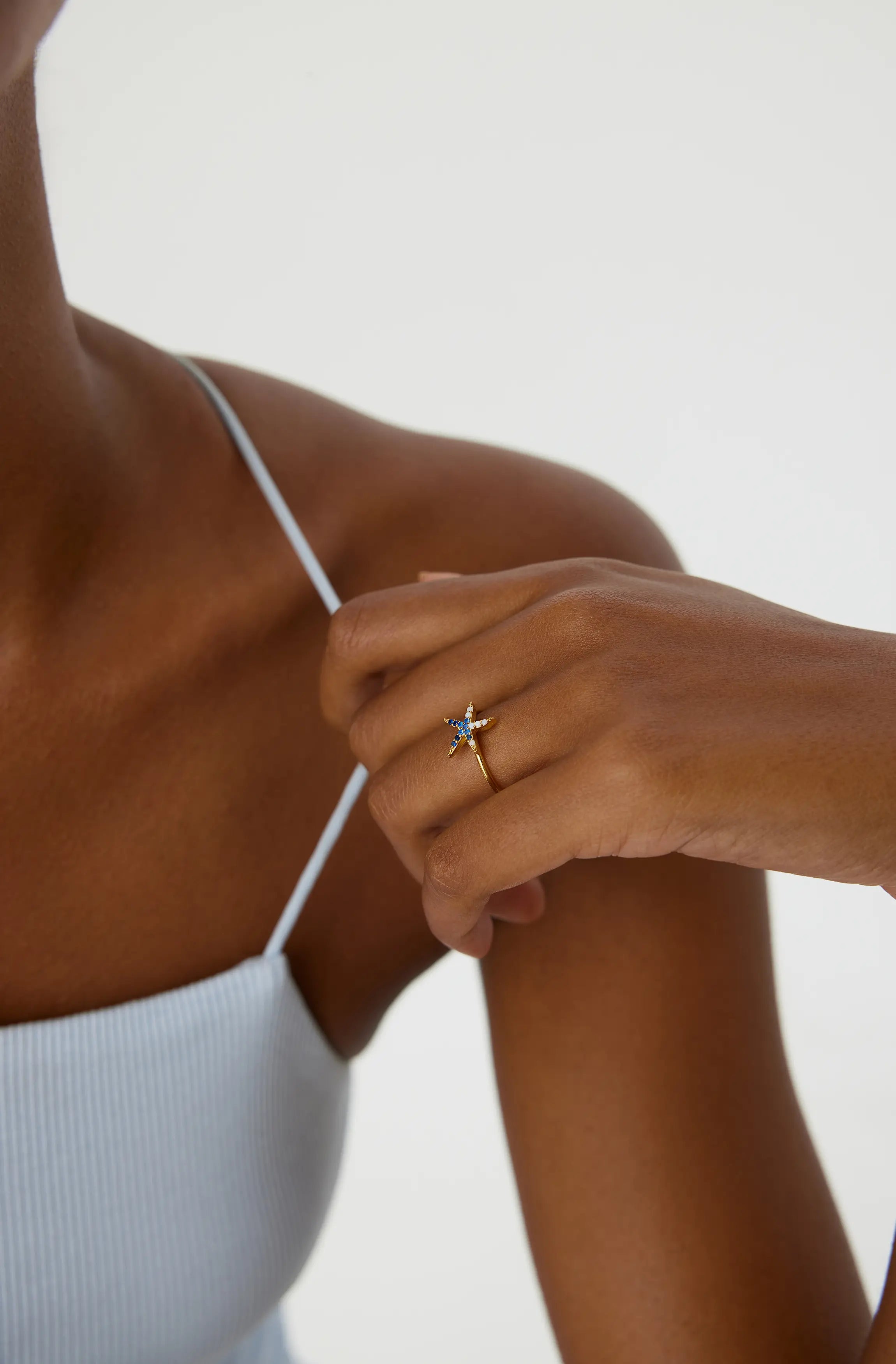 Starfish Ring with CZ Colorful Stones, 18K Gold-Plated Sterling Silver