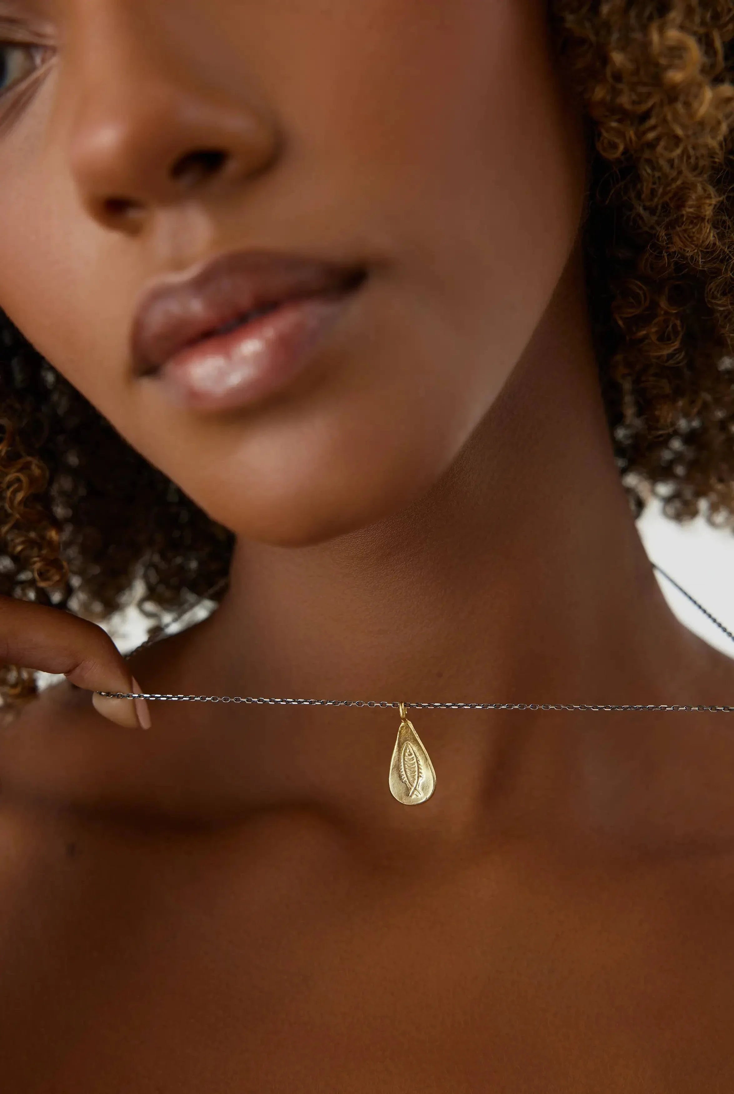 Urart Fish Engraved Pendant Necklace, 18K Gold-Plated Oxidized Sterling Silver