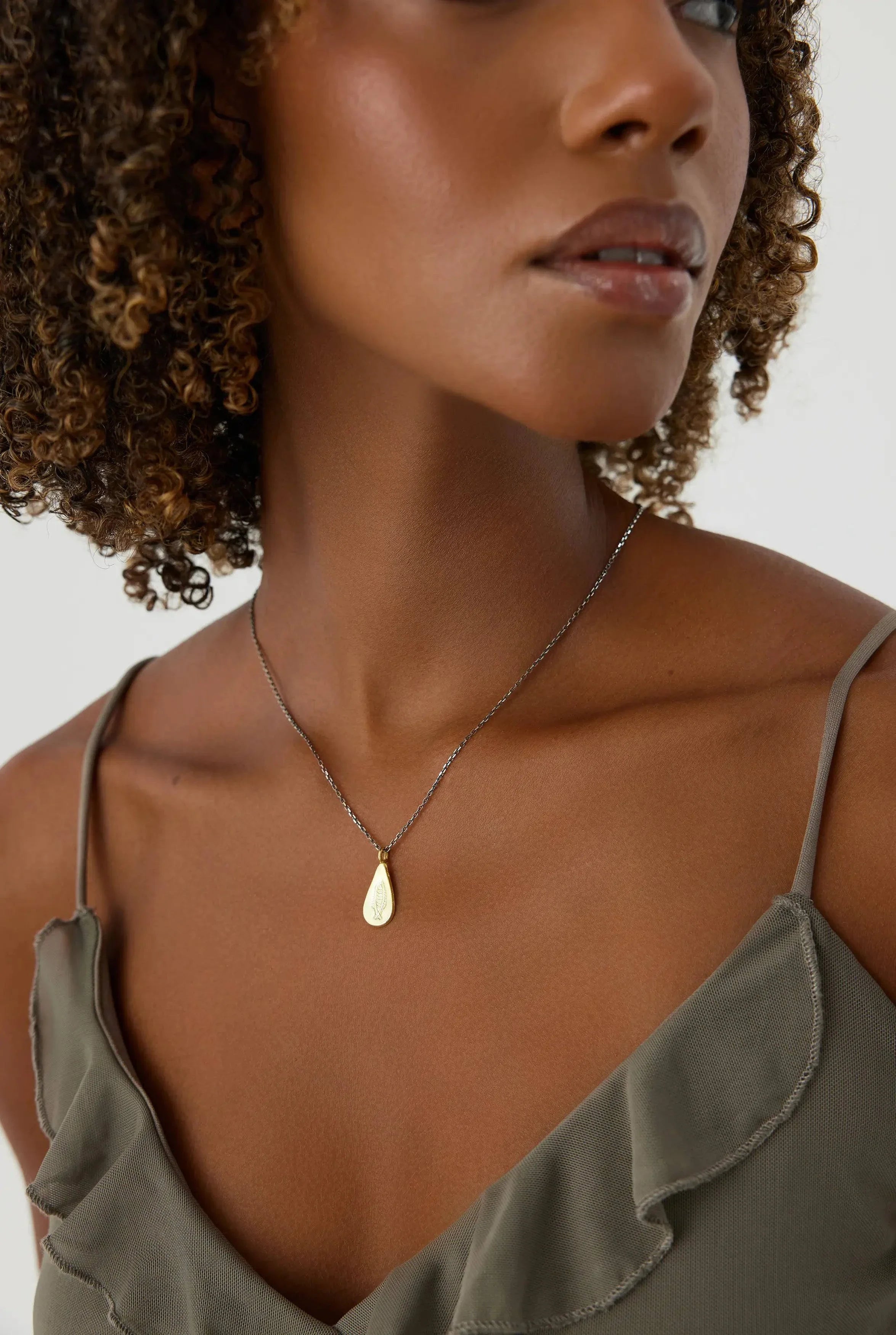 Urart Fish Engraved Pendant Necklace, 18K Gold-Plated Oxidized Sterling Silver