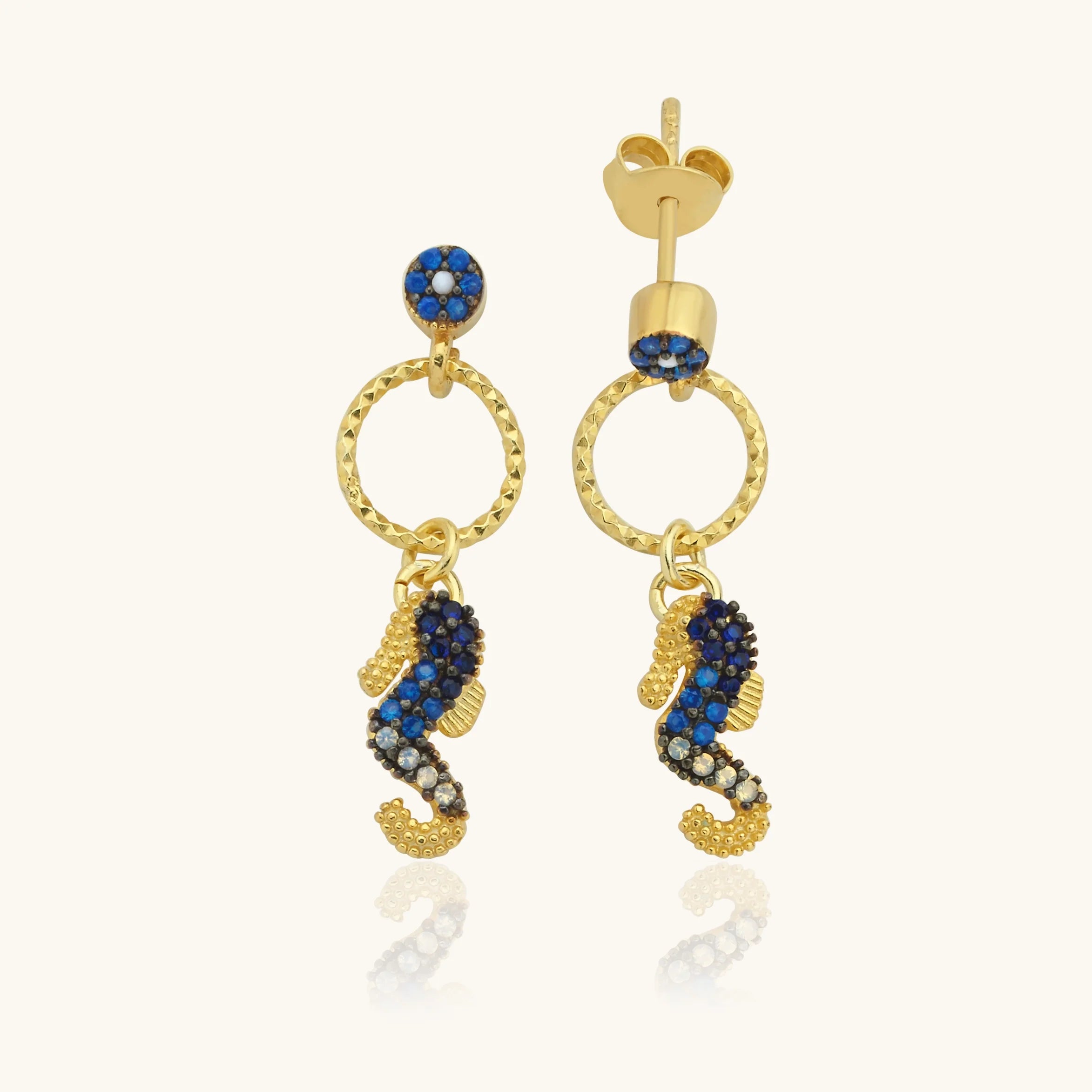 Seahorse Drop Earrings – 18K Gold-Plated Sterling Silver with Blue Accents