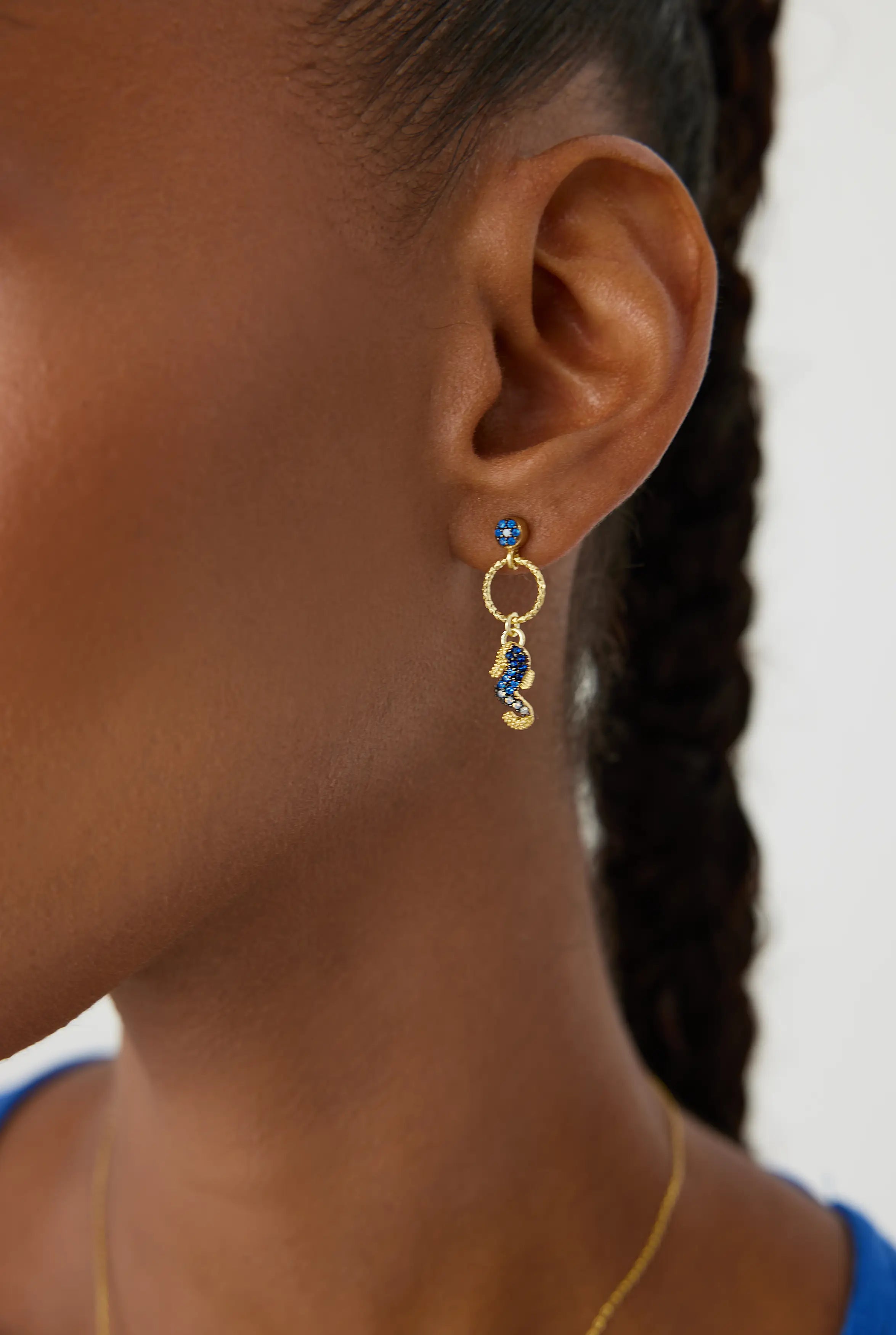 Seahorse Drop Earrings – 18K Gold-Plated Sterling Silver with Blue Accents