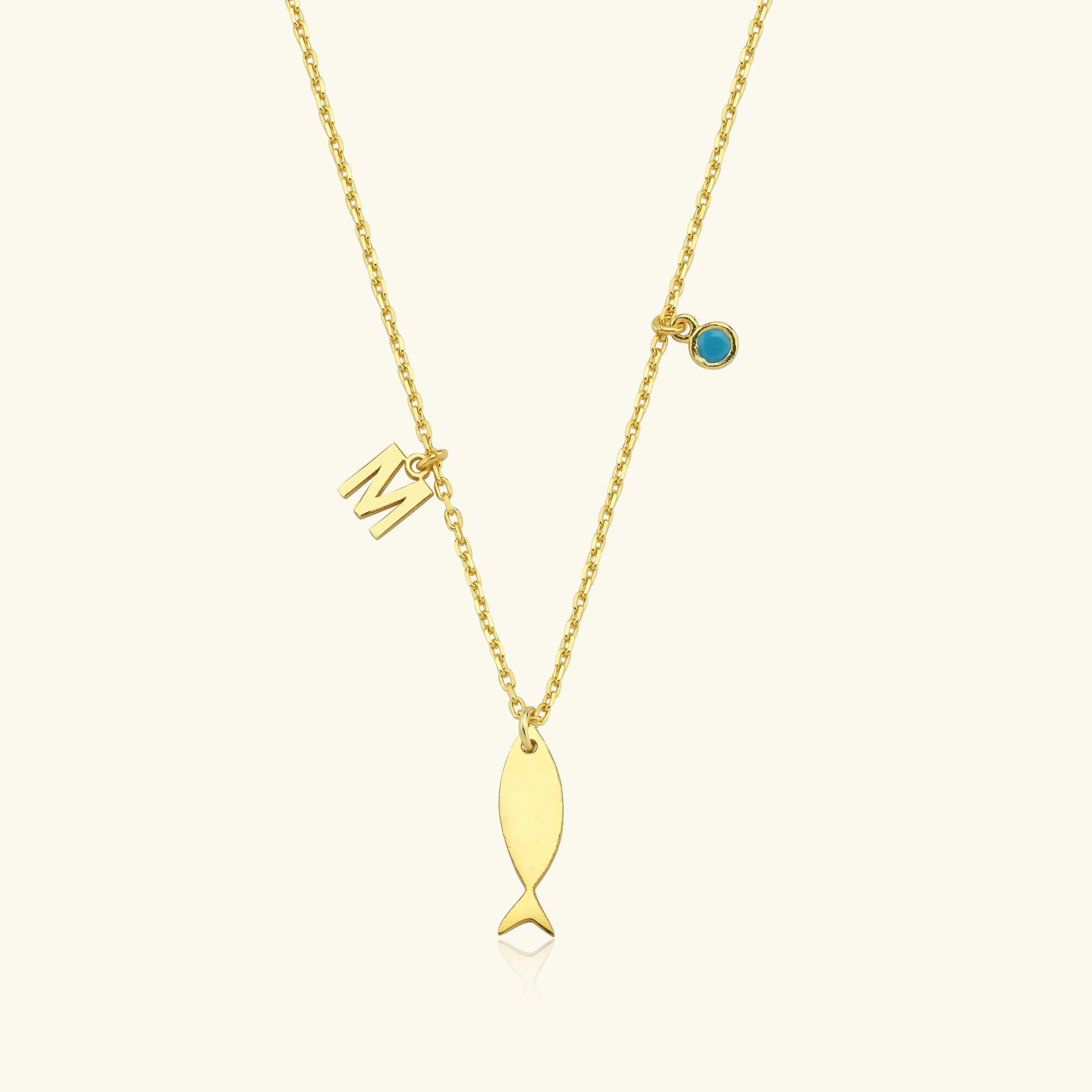 Fish and Initial Necklace, 18K Gold-Plated Sterling Silver Customizable Charm Necklace for Women