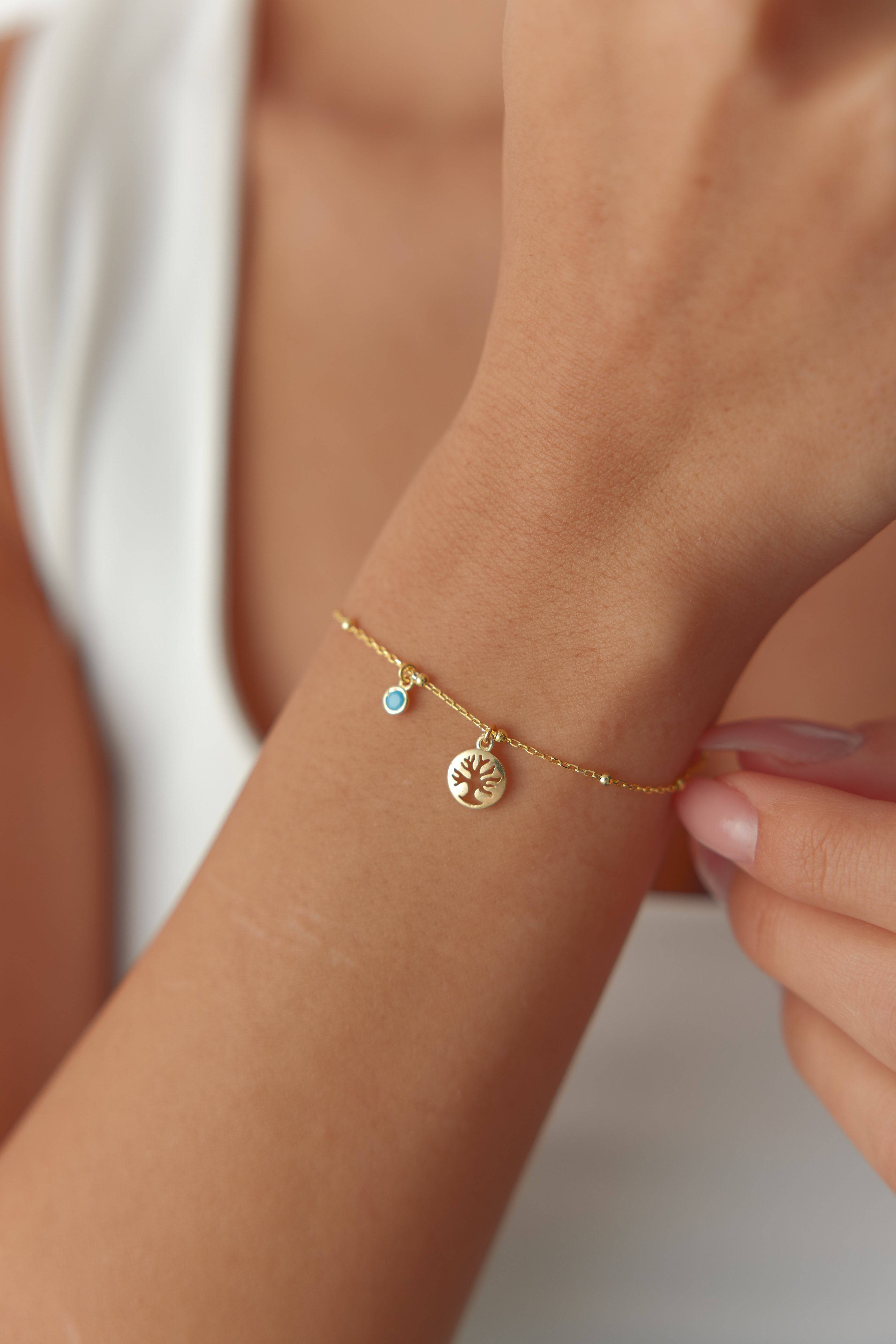 Dainty Tree of Life Turquoise Stone Bracelet, 18K Gold-Plated Sterling Silver