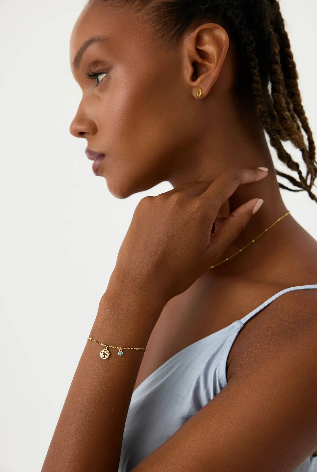 Dainty Tree of Life Turquoise Stone Bracelet, 18K Gold-Plated Sterling Silver