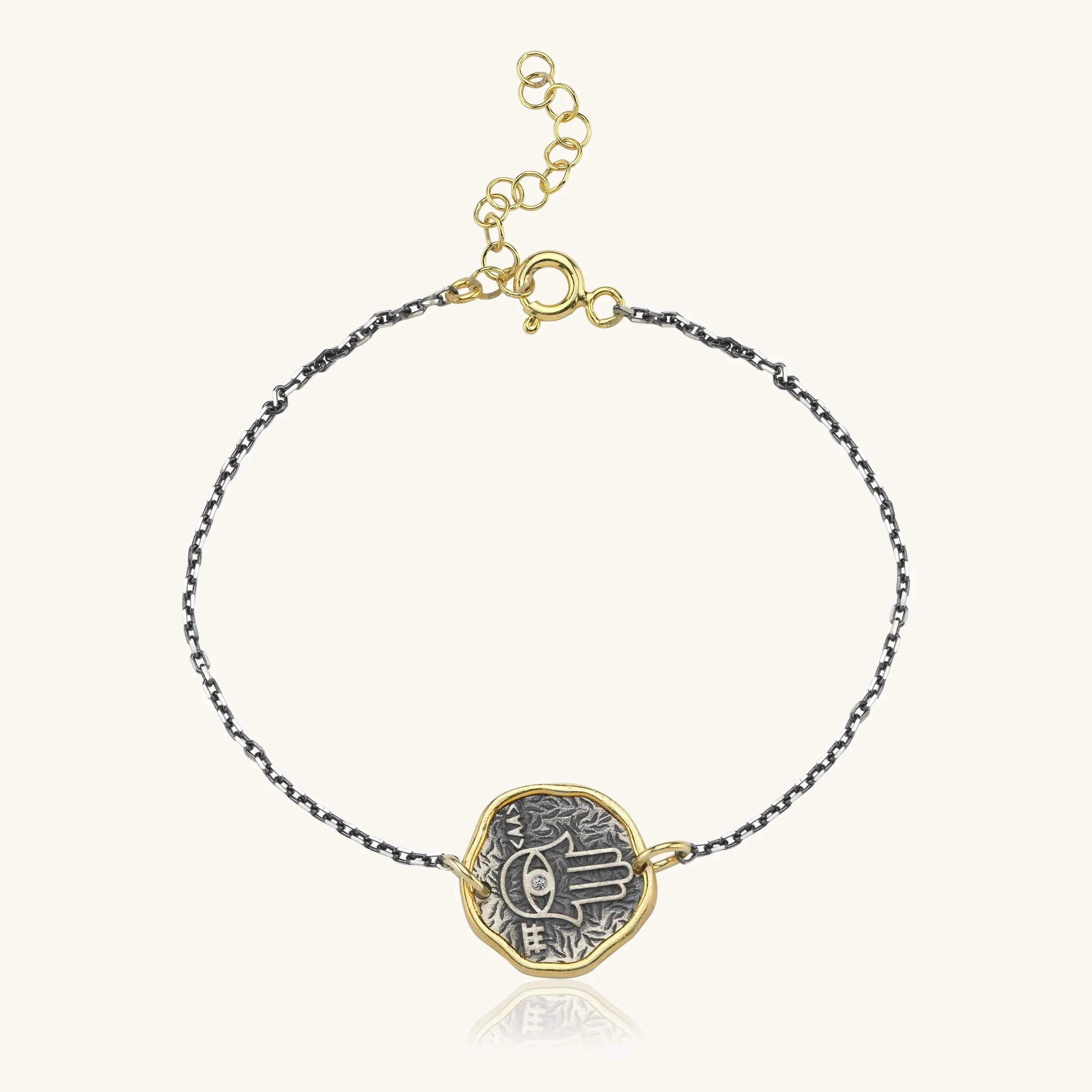 Hamsa Hand Coin Bracelet – 18K Gold-Plated Sterling Silver with Black Chain