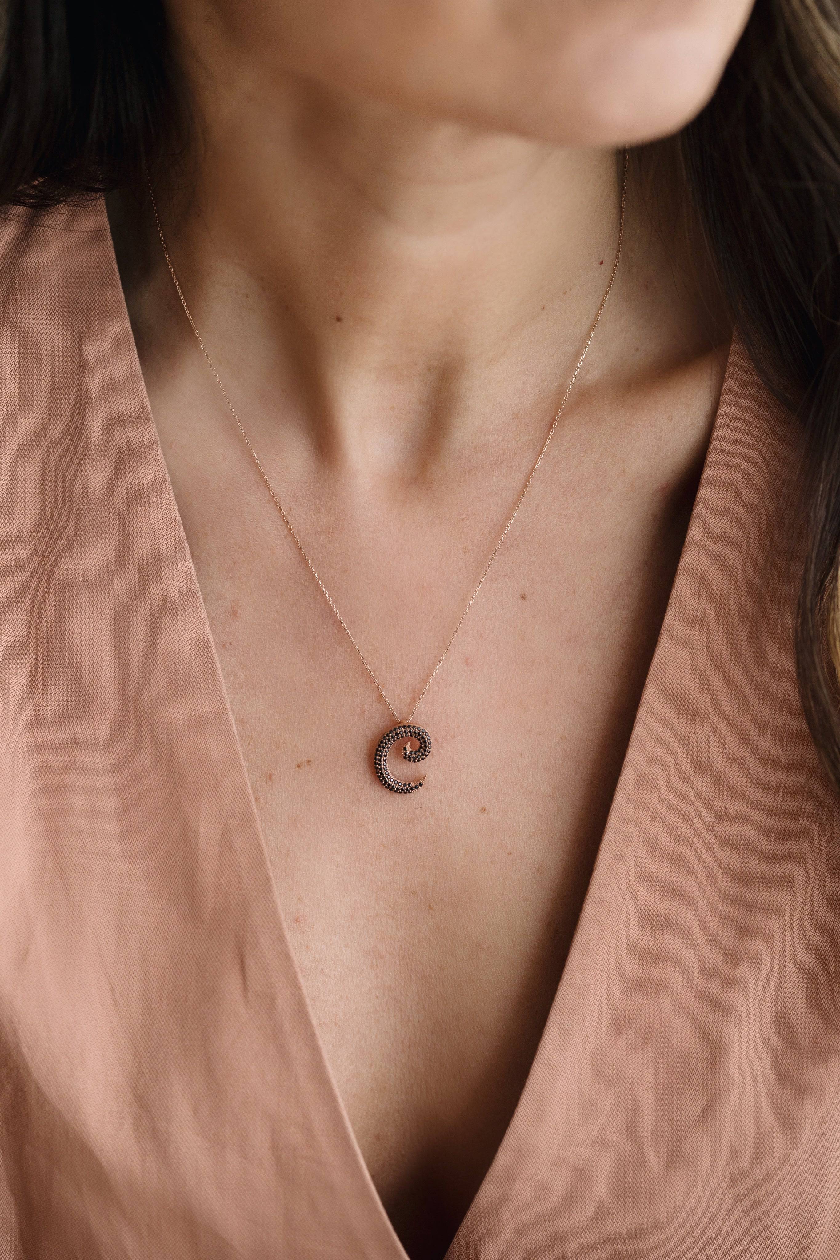 Gold Initial Necklace with Black Stones - Personalized 18K Gold-Plated Pendant