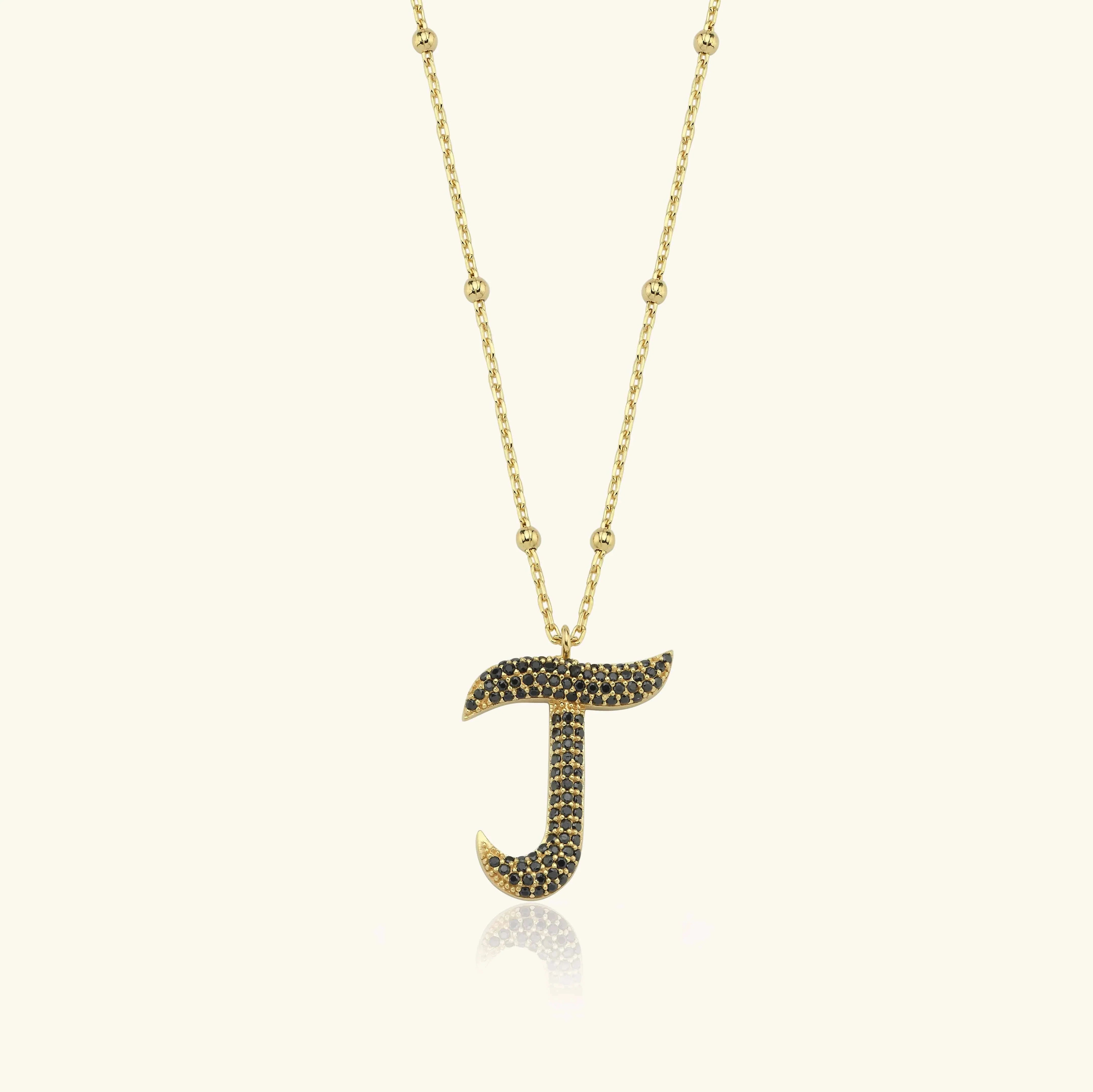 Gold Initial Necklace with Black Stones - Personalized 18K Gold-Plated Pendant