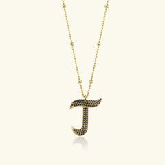 Gold Initial Necklace with Black Stones - Personalized 18K Gold-Plated Pendant