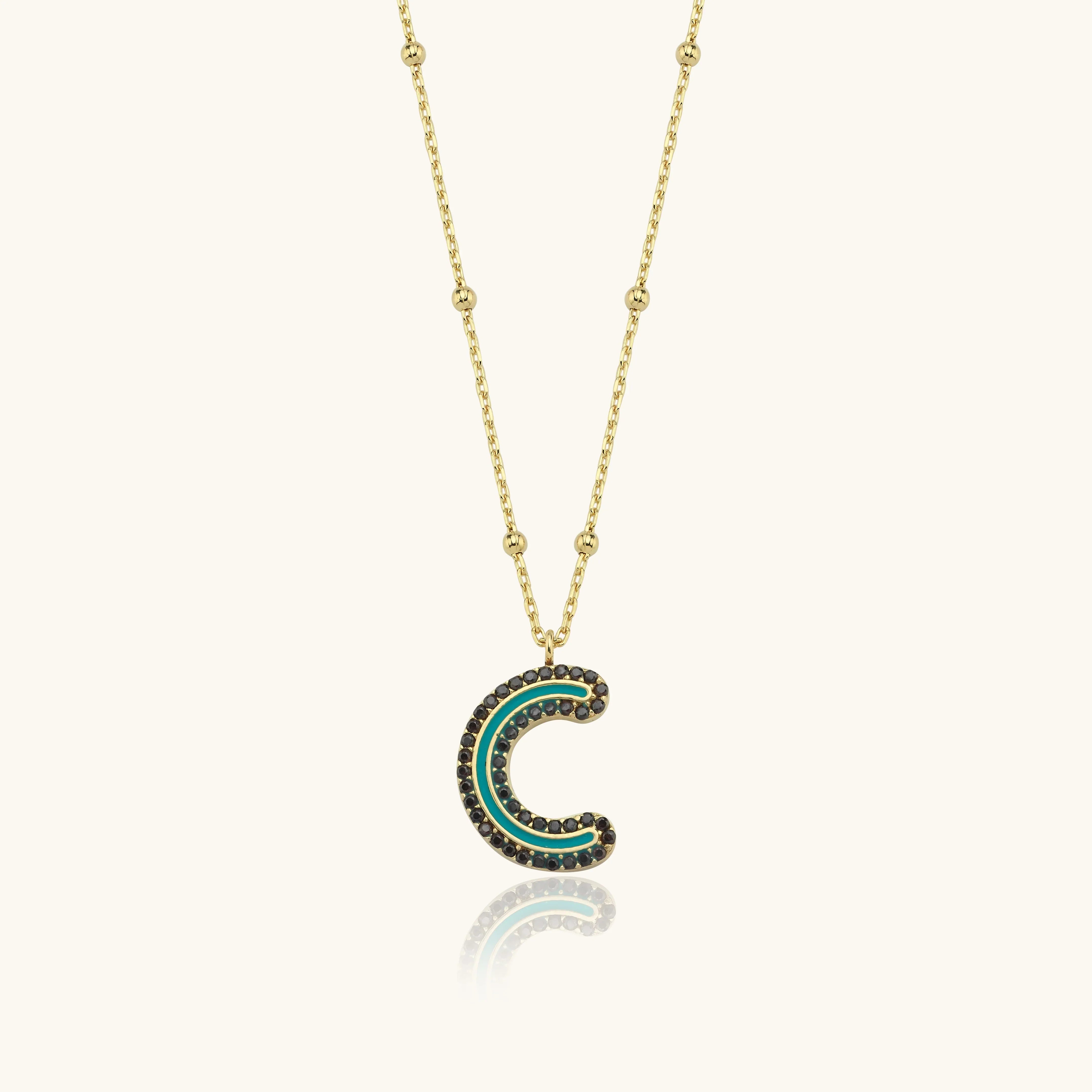 Black CZ Stone and Enamel Initial Necklace - 18K Gold-Plated Sterling Silver