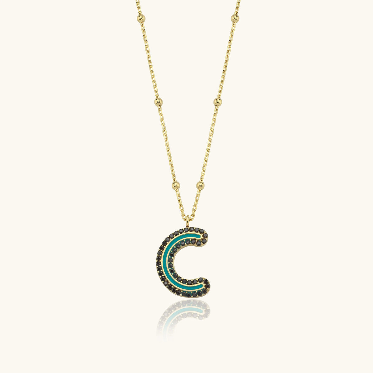 Black CZ Stone and Enamel Initial Necklace - 18K Gold-Plated Sterling Silver