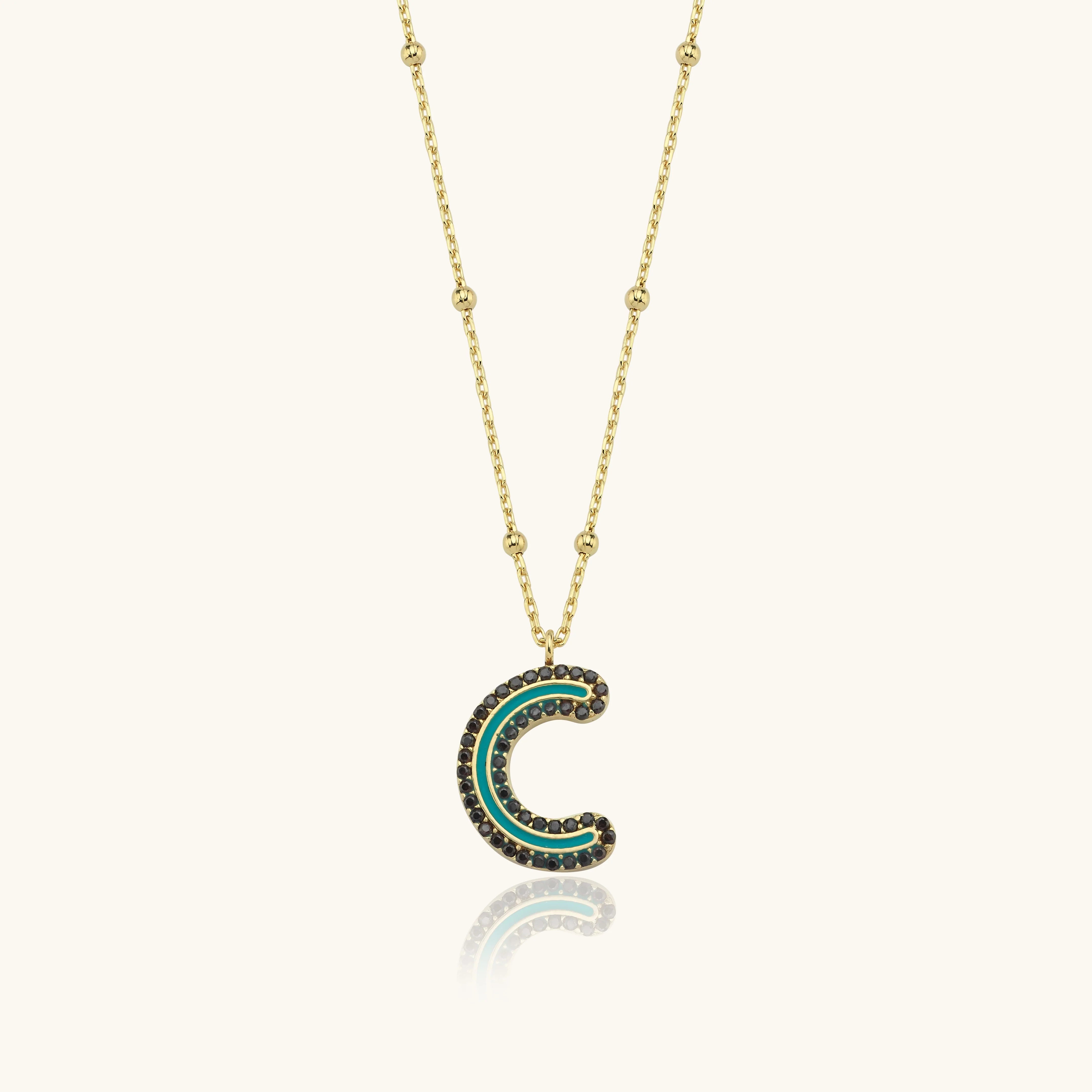 Black CZ Stone and Enamel Initial Necklace - 18K Gold-Plated Sterling Silver
