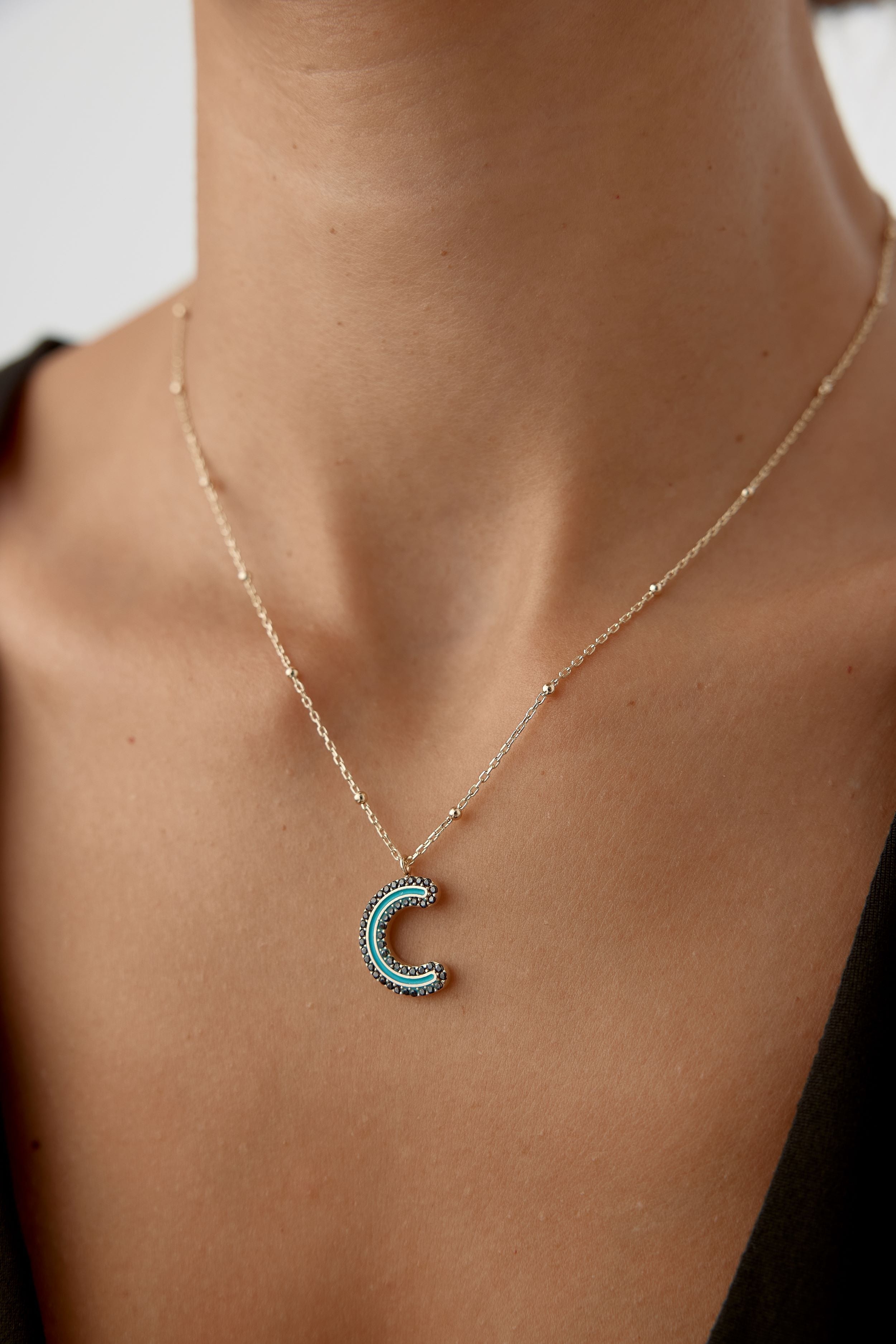 Black CZ Stone and Enamel Initial Necklace - 18K Gold-Plated Sterling Silver