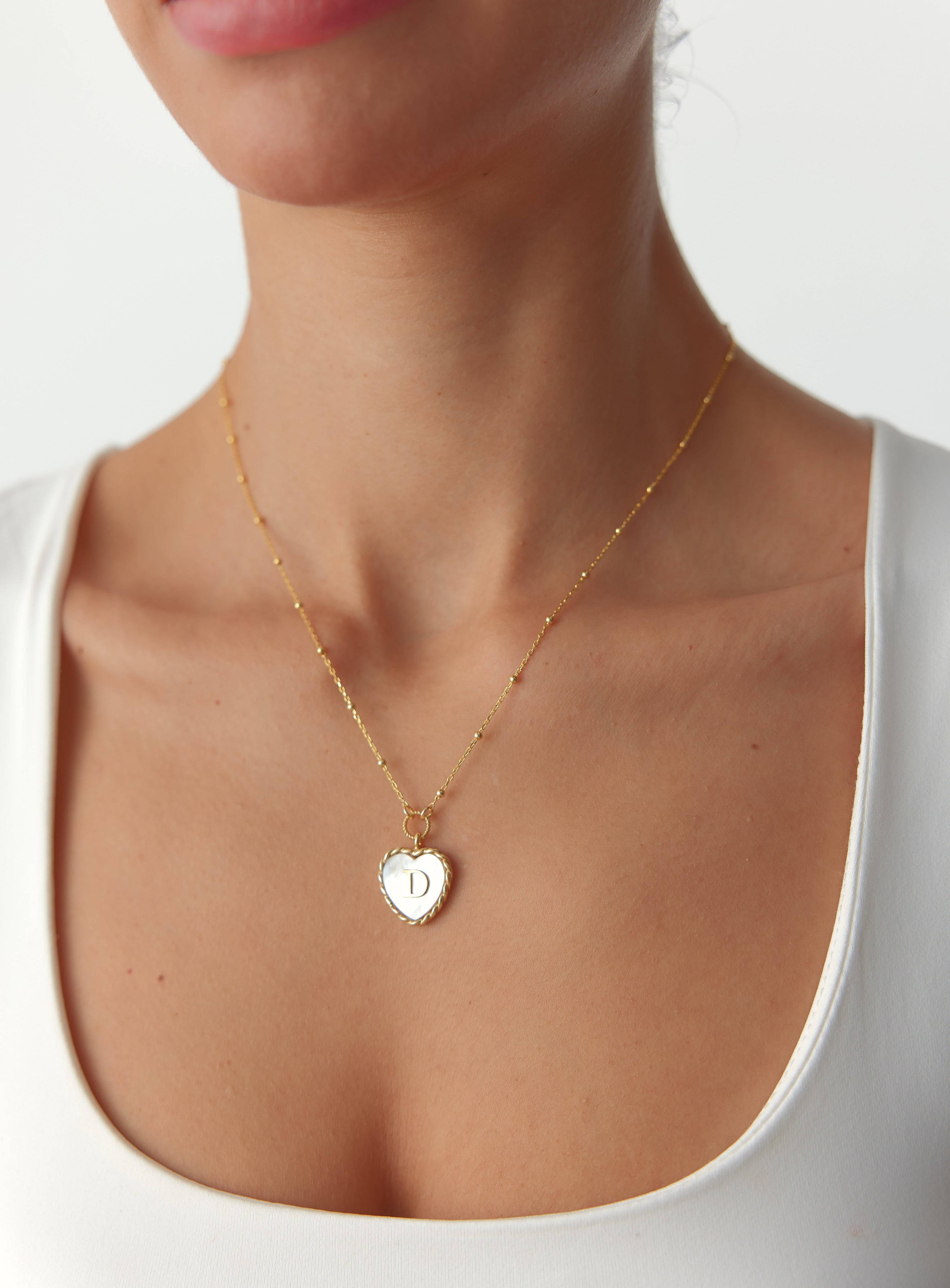 Heart Mother of Pearl Initial Necklace, Personalized 18K Gold-Plated Sterling Silver Jewelry