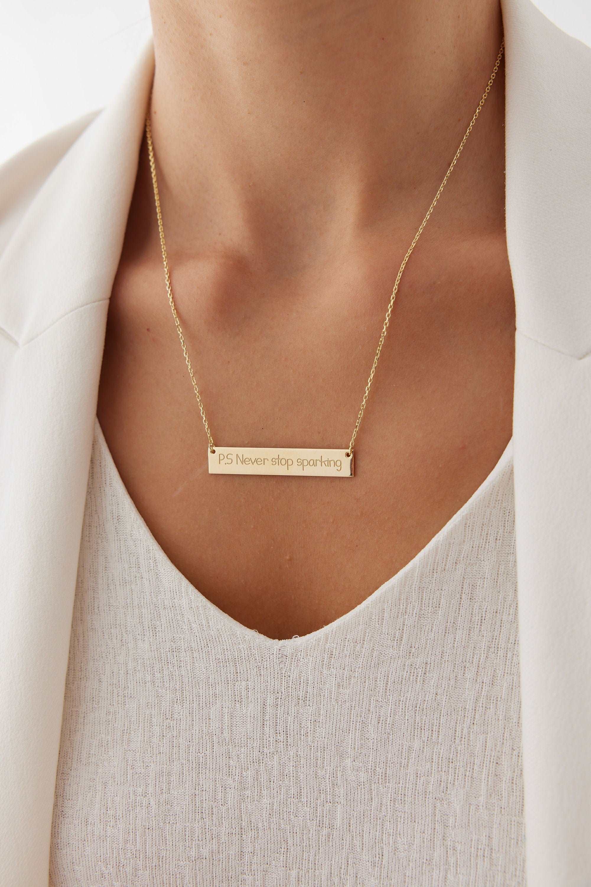 Personalized Handwriting Bar Necklace, Custom Engraving Bar Necklace, Letter Necklace, Name Necklace for Gift, Nameplate Necklace for Women, Gift for Mom, Gift for Her