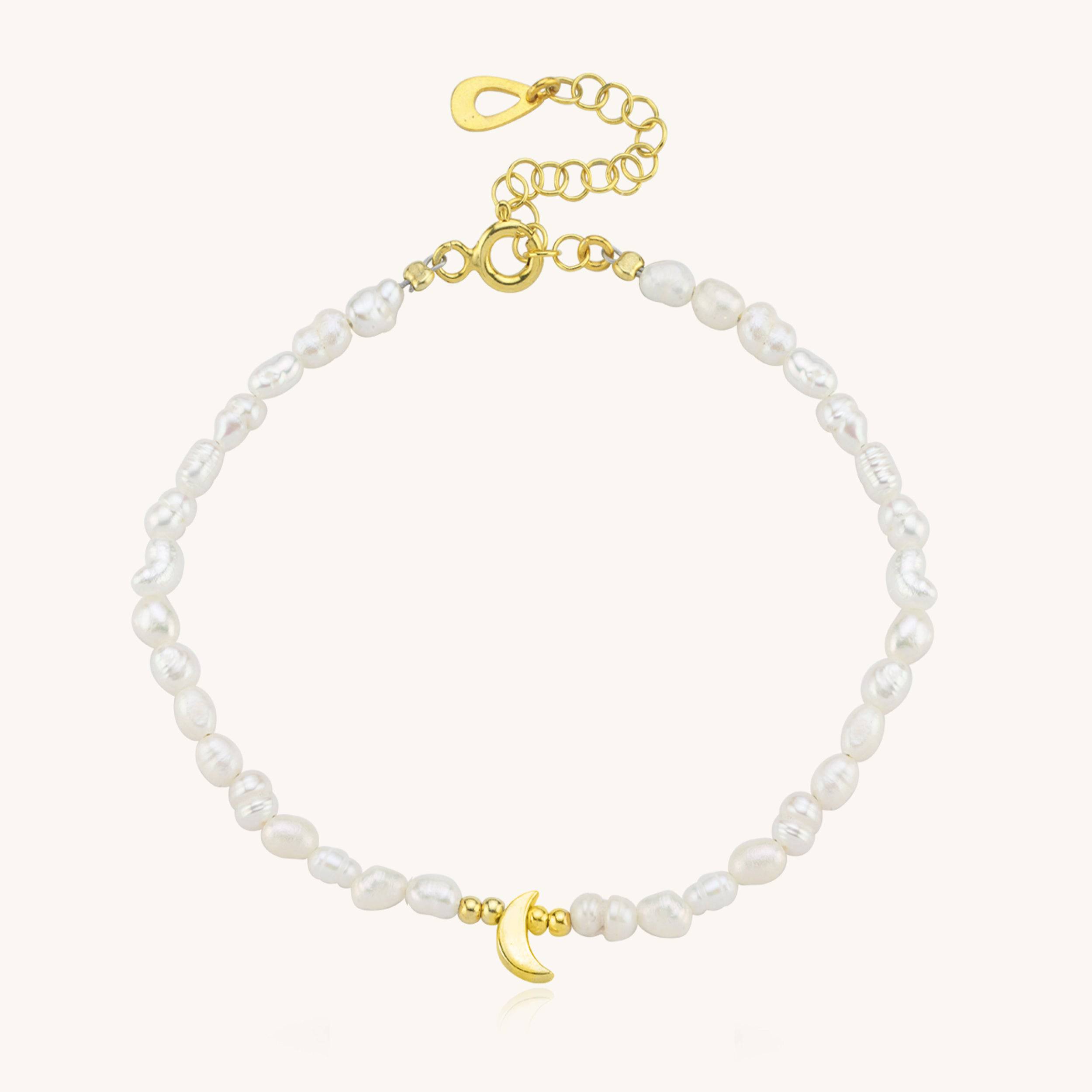 Moon and Freshwater Pearl Bracelet – 925K Sterling Silver with 18K Gold-Plating