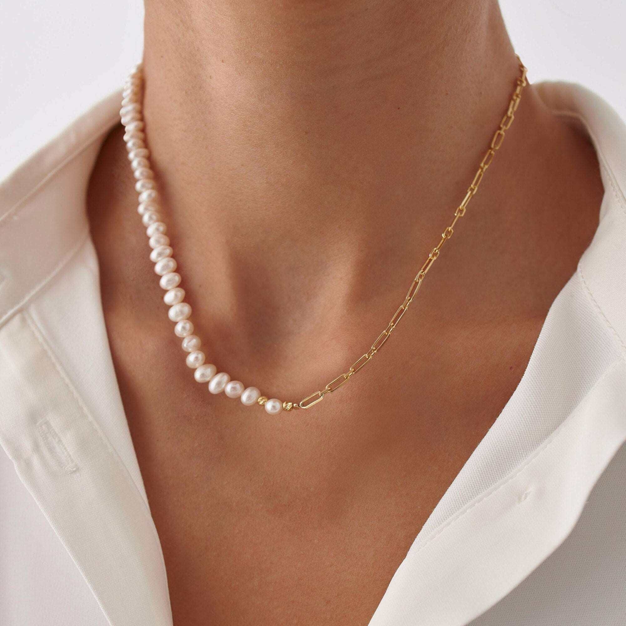 Handmade Freshwater Pearl Beaded Chain Necklace, 18K Gold-Plated Sterling Silver