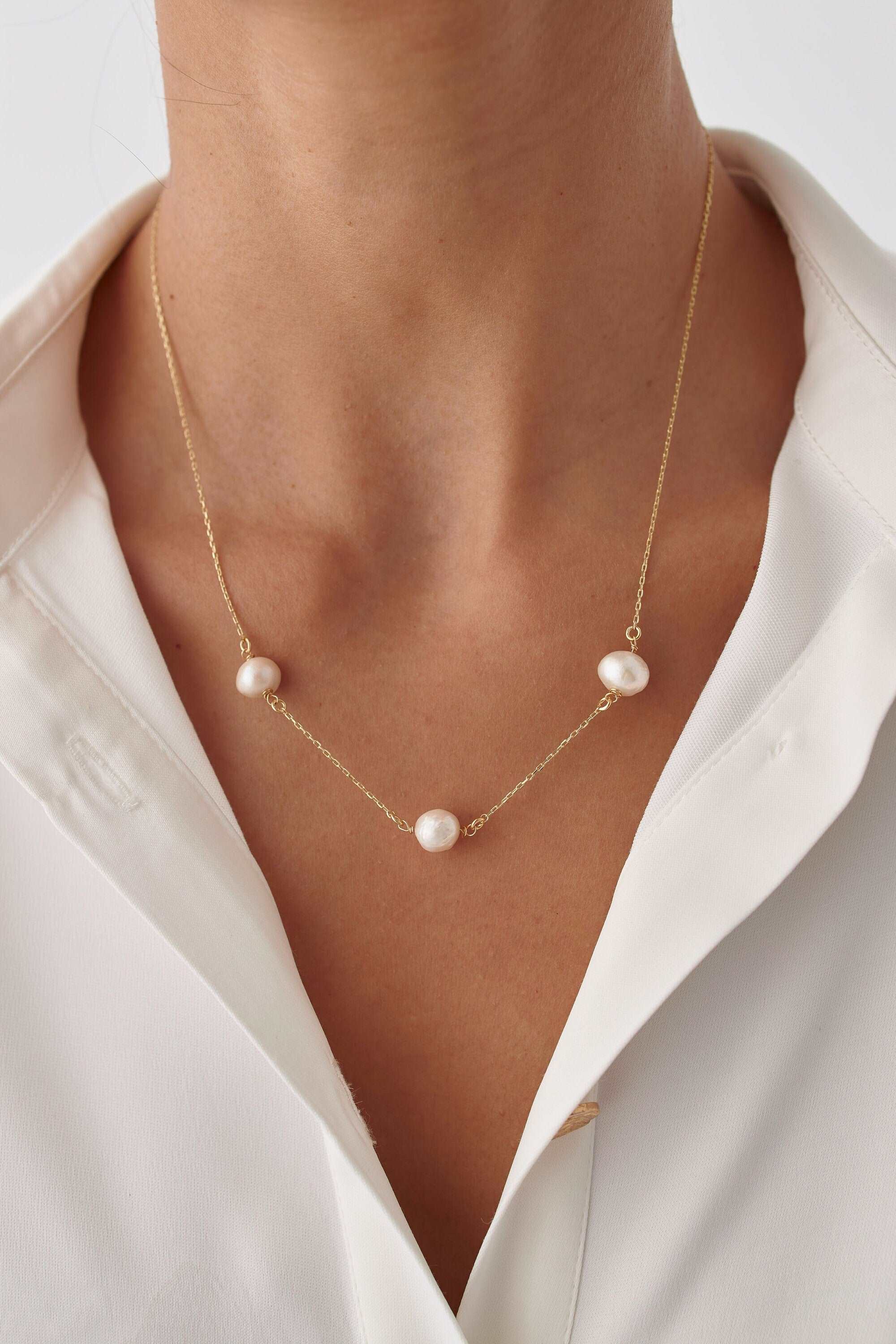 Single Pearl Necklace – 18K Gold-Plated Sterling Silver Simple Pearl Pendant Necklace