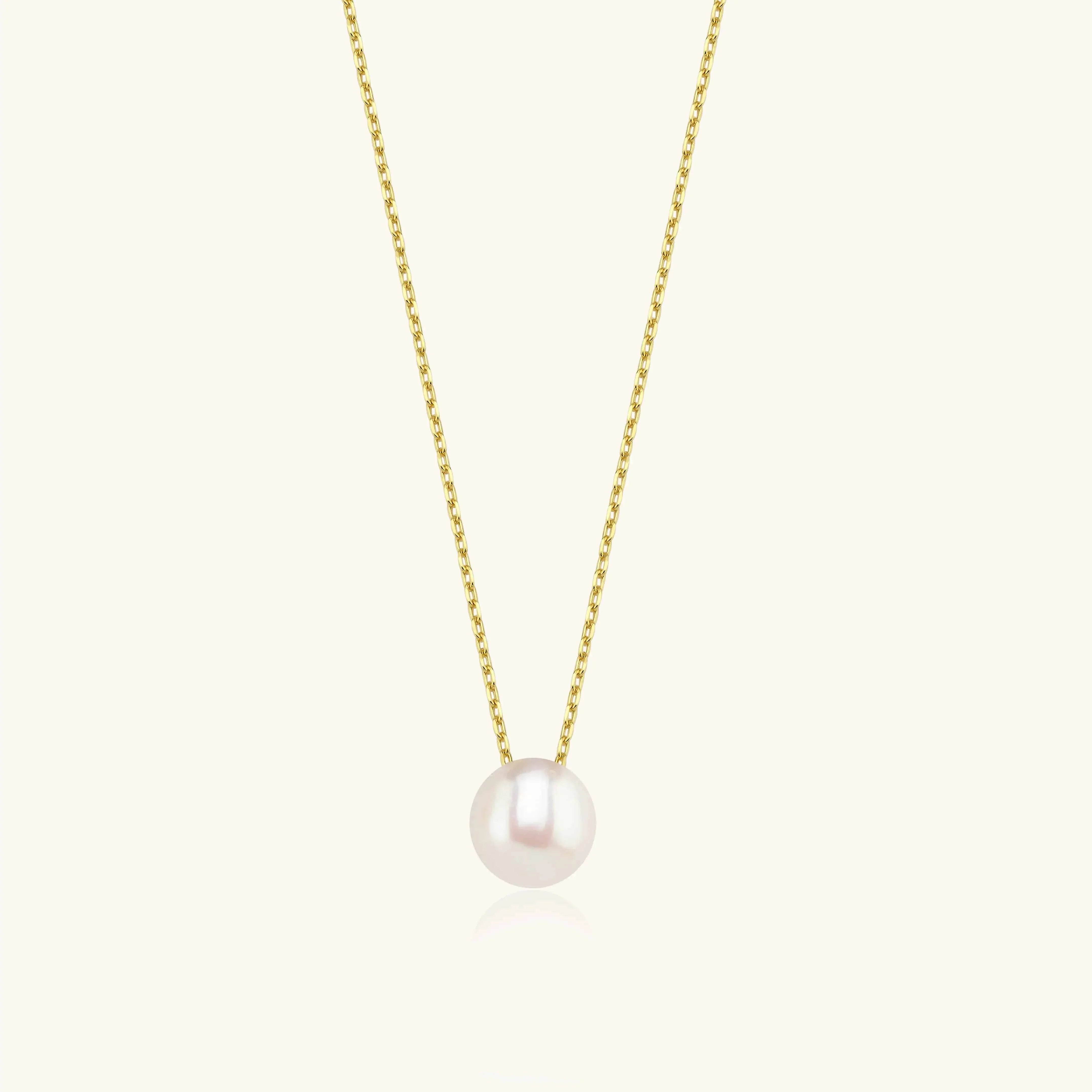Single Pearl Necklace – 18K Gold-Plated Sterling Silver Simple Pearl Pendant Necklace