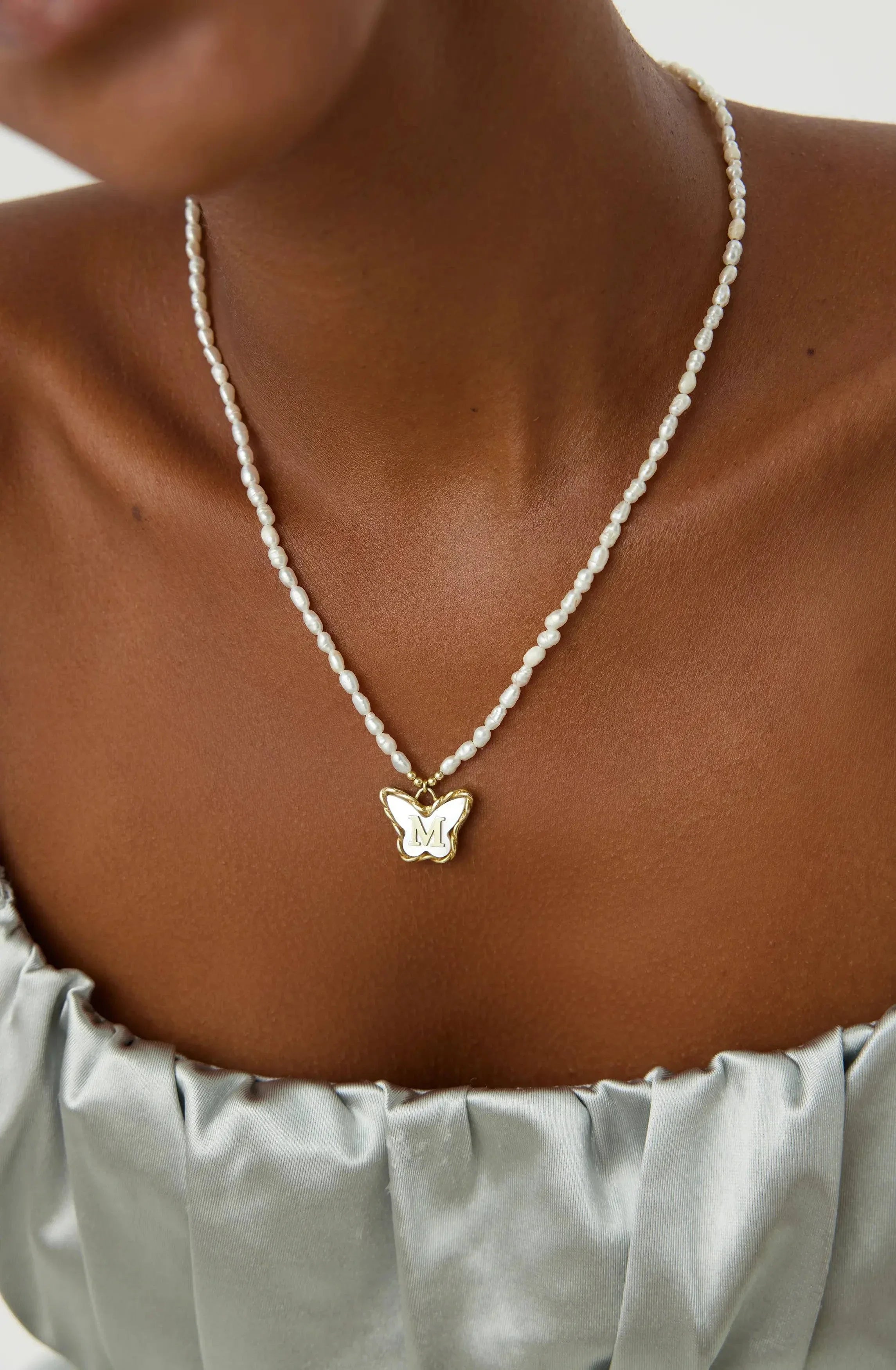 Butterfly Initial Pendant with Freshwater Pearls Beaded Necklace, 18K Gold-Plated Sterling Silver