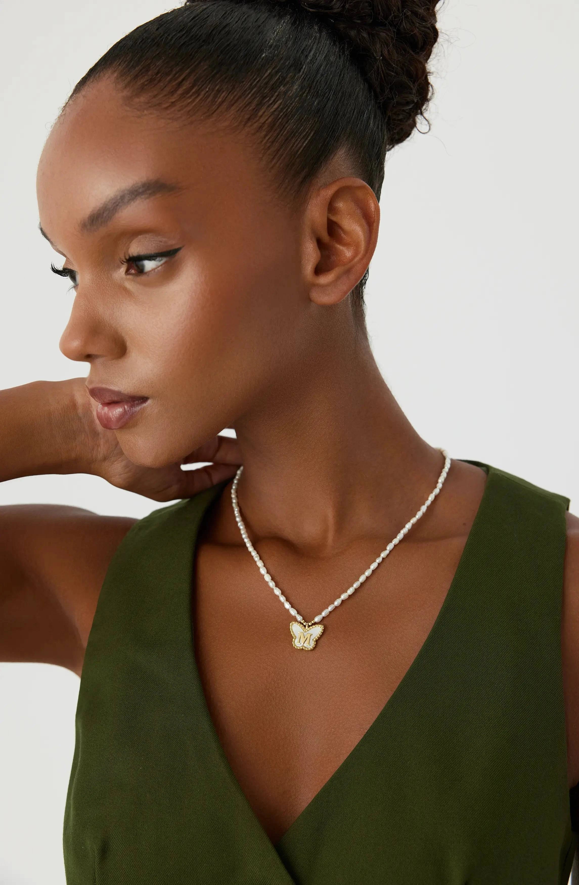Butterfly Initial Pendant with Freshwater Pearls Beaded Necklace, 18K Gold-Plated Sterling Silver