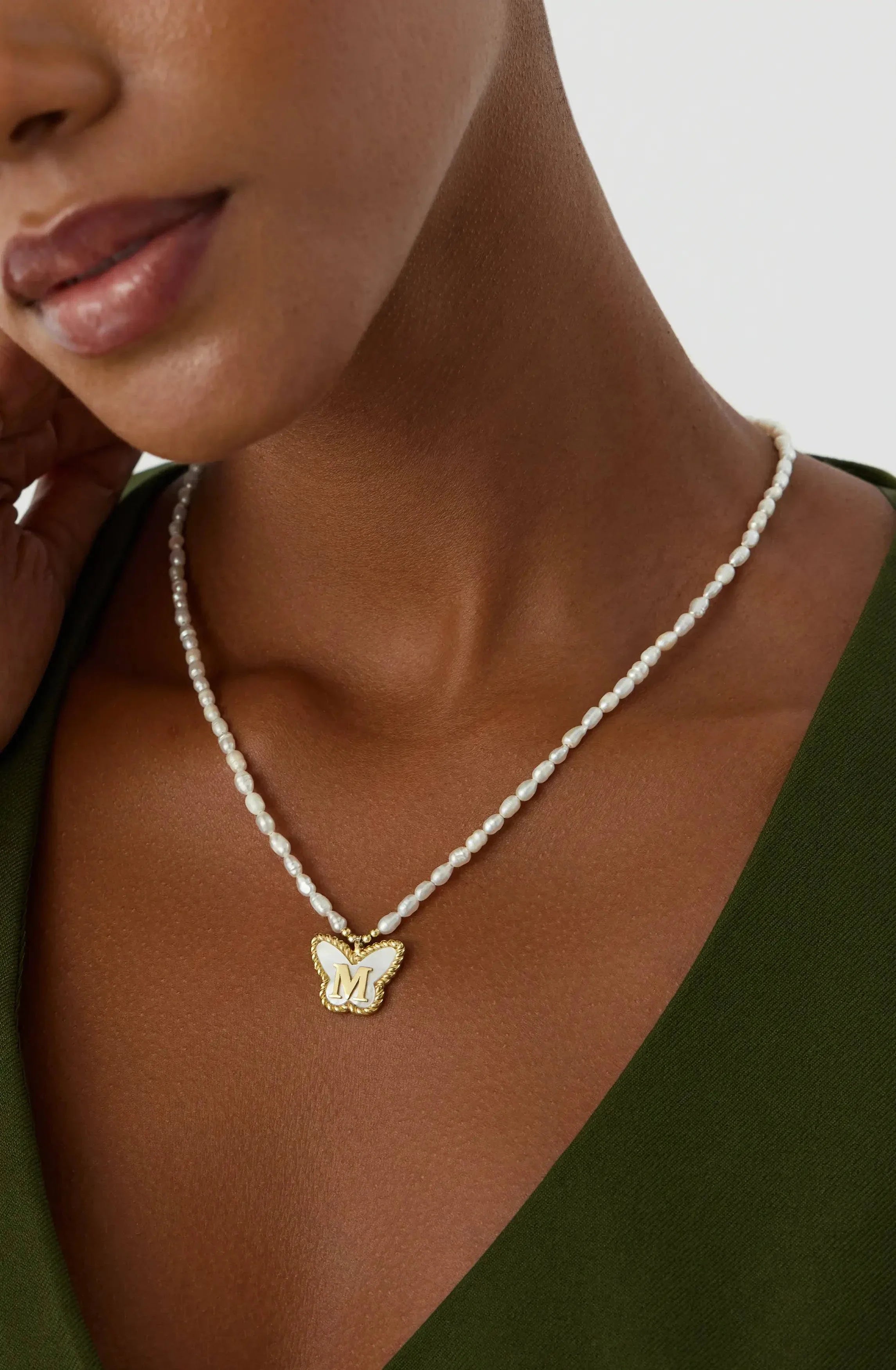 Butterfly Initial Pendant with Freshwater Pearls Beaded Necklace, 18K Gold-Plated Sterling Silver