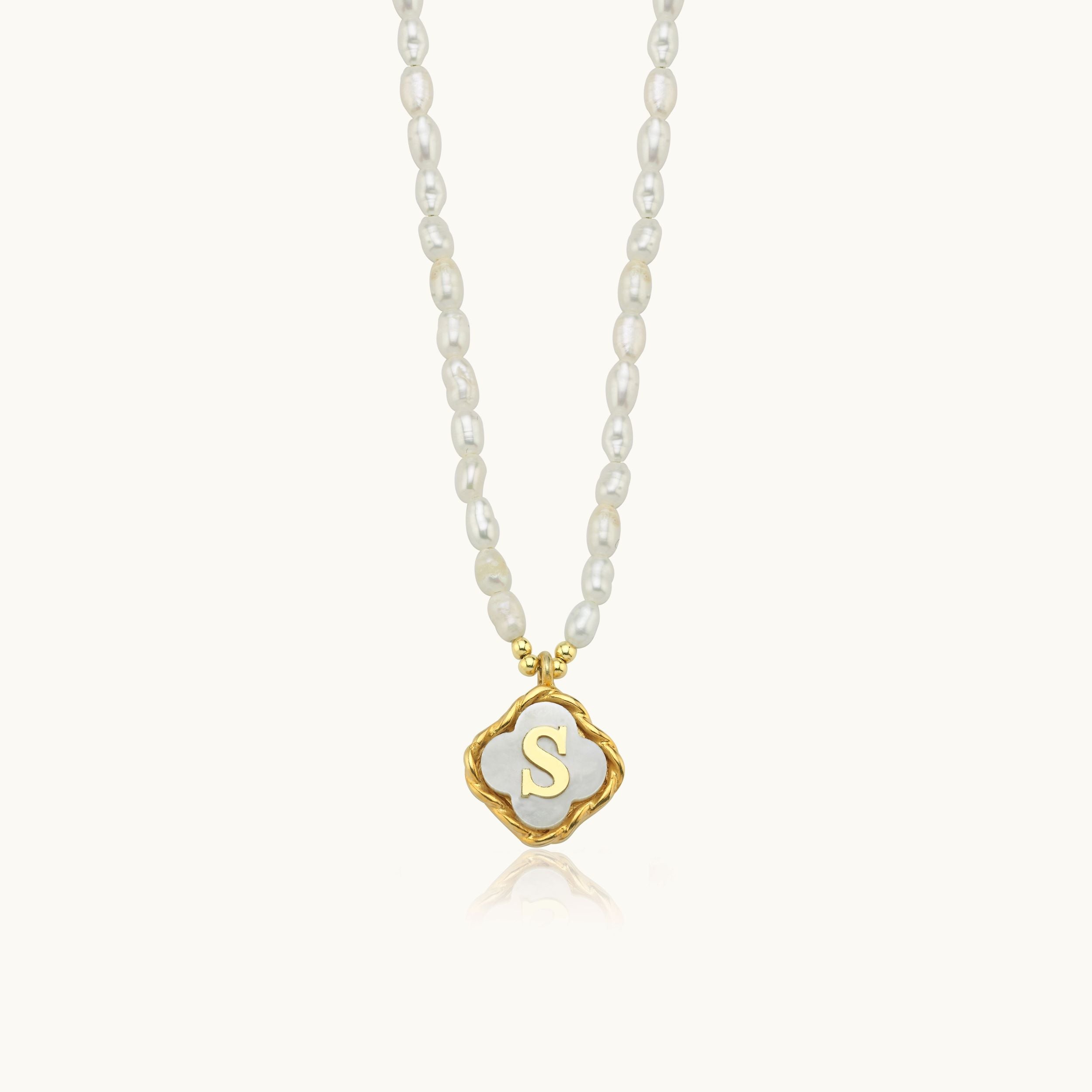 Freshwater Pearl Clover Pendant Initial Necklace – 18K Gold-Plated Sterling Silver Personalized Elegant Jewelry