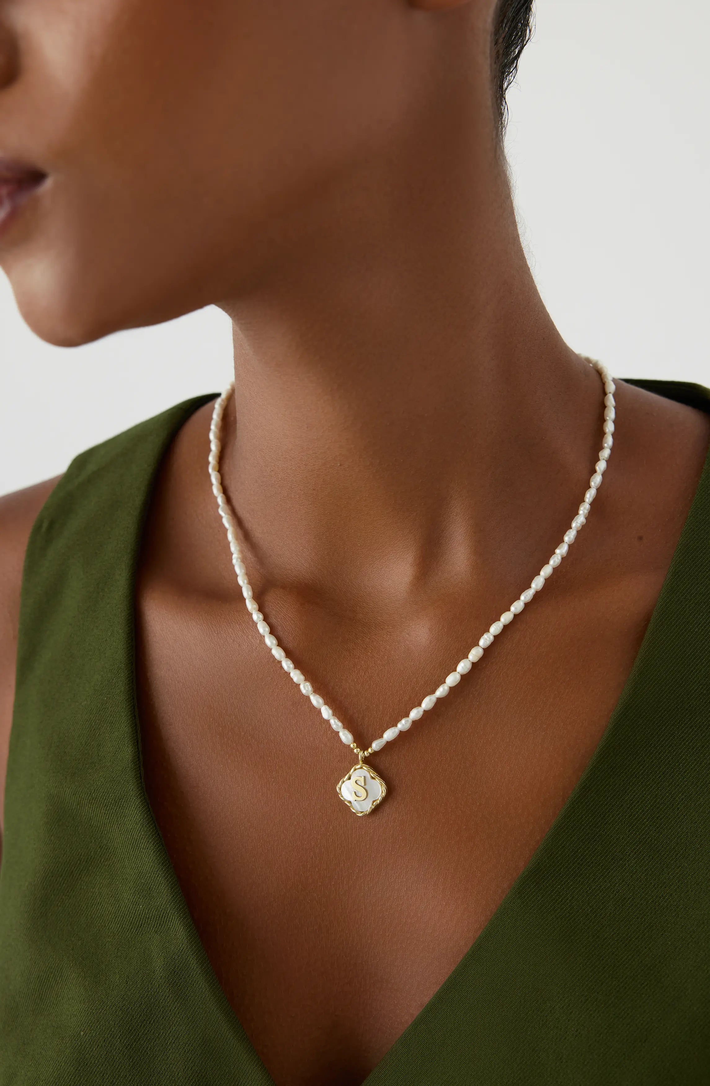Freshwater Pearl Clover Pendant Initial Necklace – 18K Gold-Plated Sterling Silver Personalized Elegant Jewelry