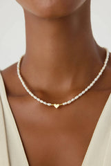Gold Heart and Freshwater Pearl Necklace – 925K Sterling Silver Elegance