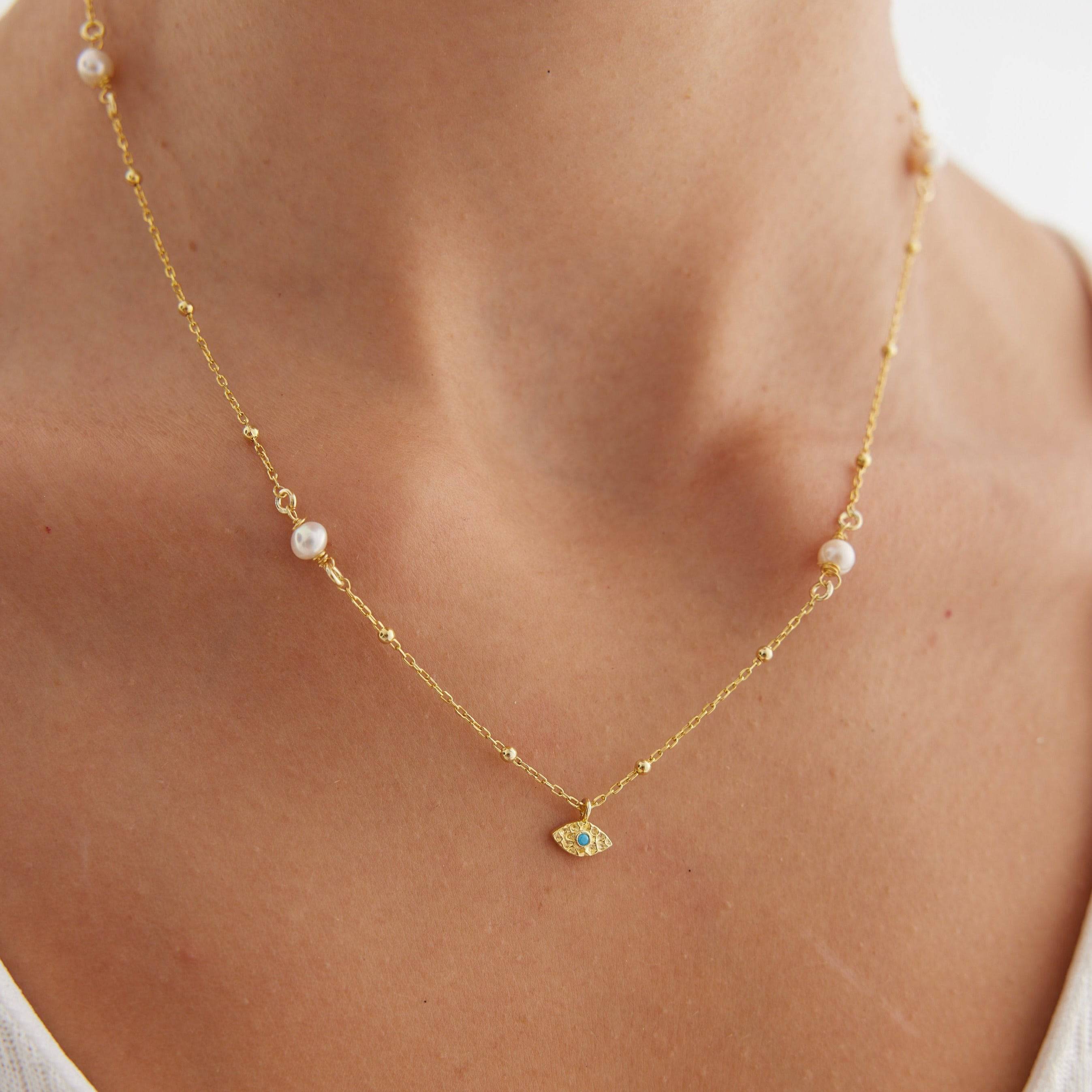 Minimalist Handmade Evil Eye Pearl Chain Necklace