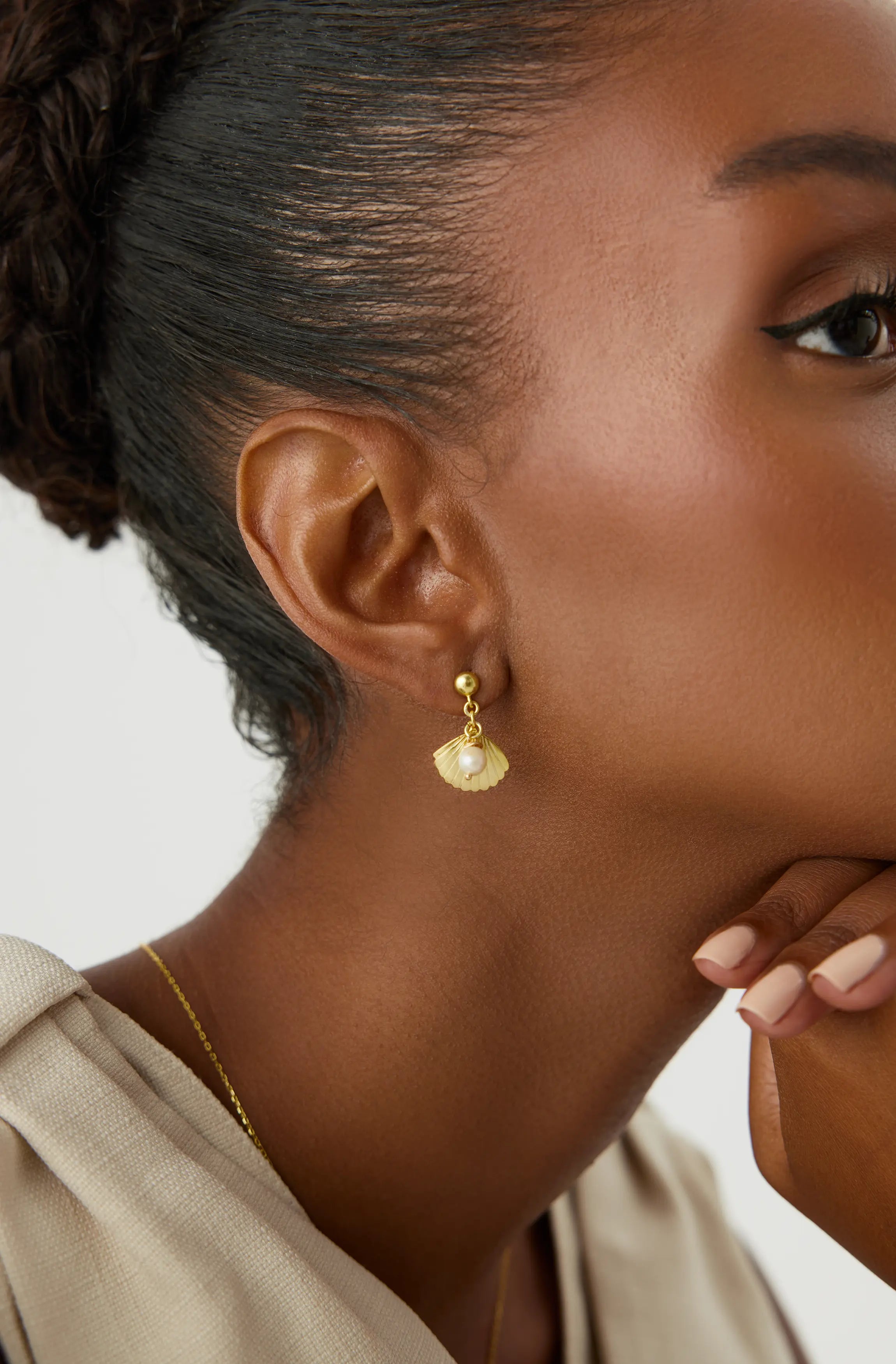 Seashell Earrings with Freshwater Pearl, 18K Gold-Plated Sterling Silver