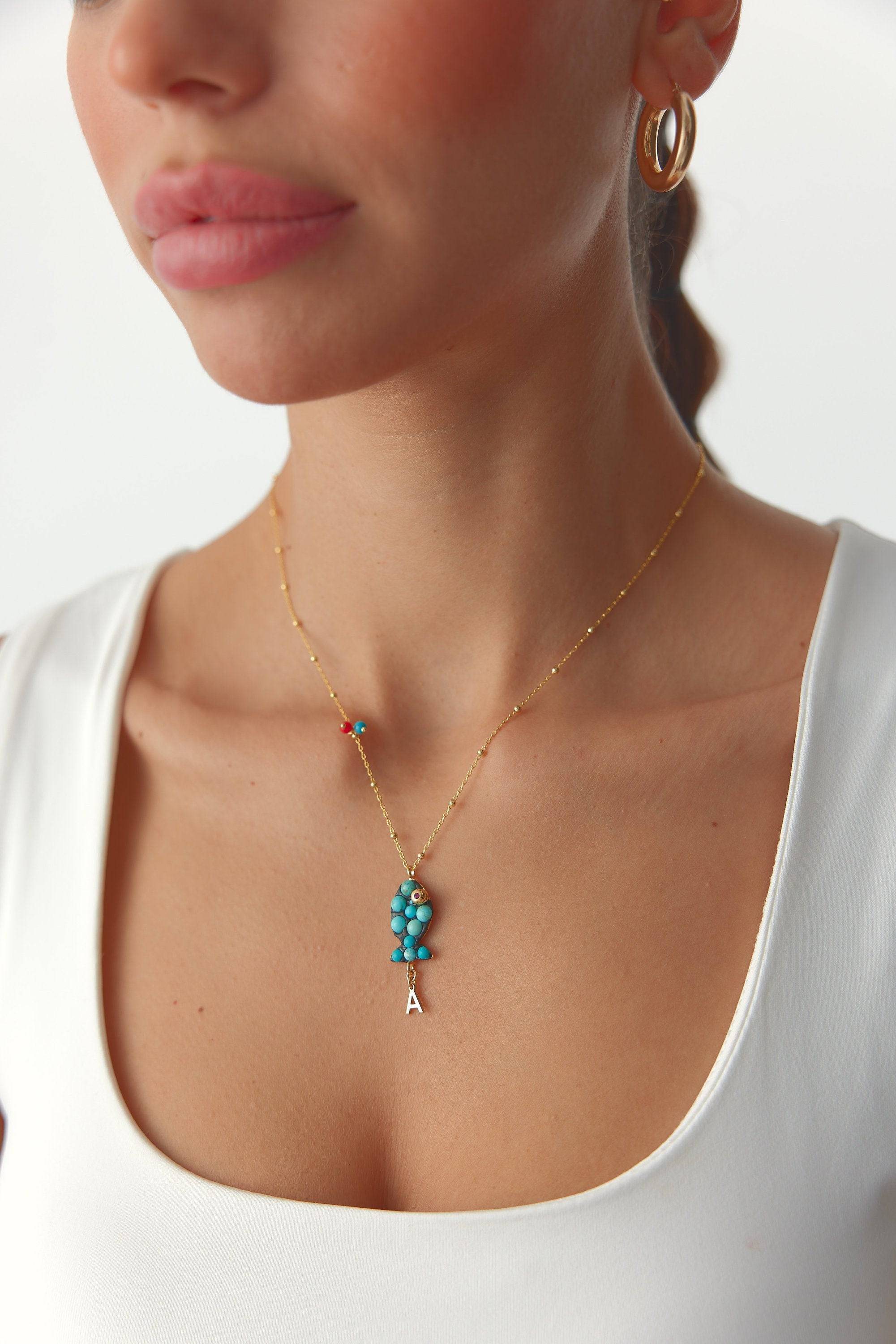 Turquoise Fish Necklace – 18K Gold-Plated Sterling Silver with Personalized Charm
