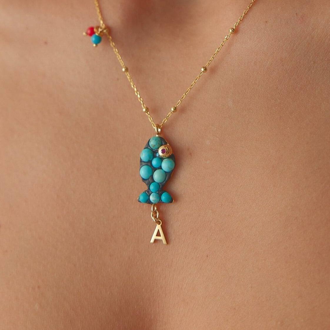 Turquoise Fish Necklace – 18K Gold-Plated Sterling Silver with Personalized Charm