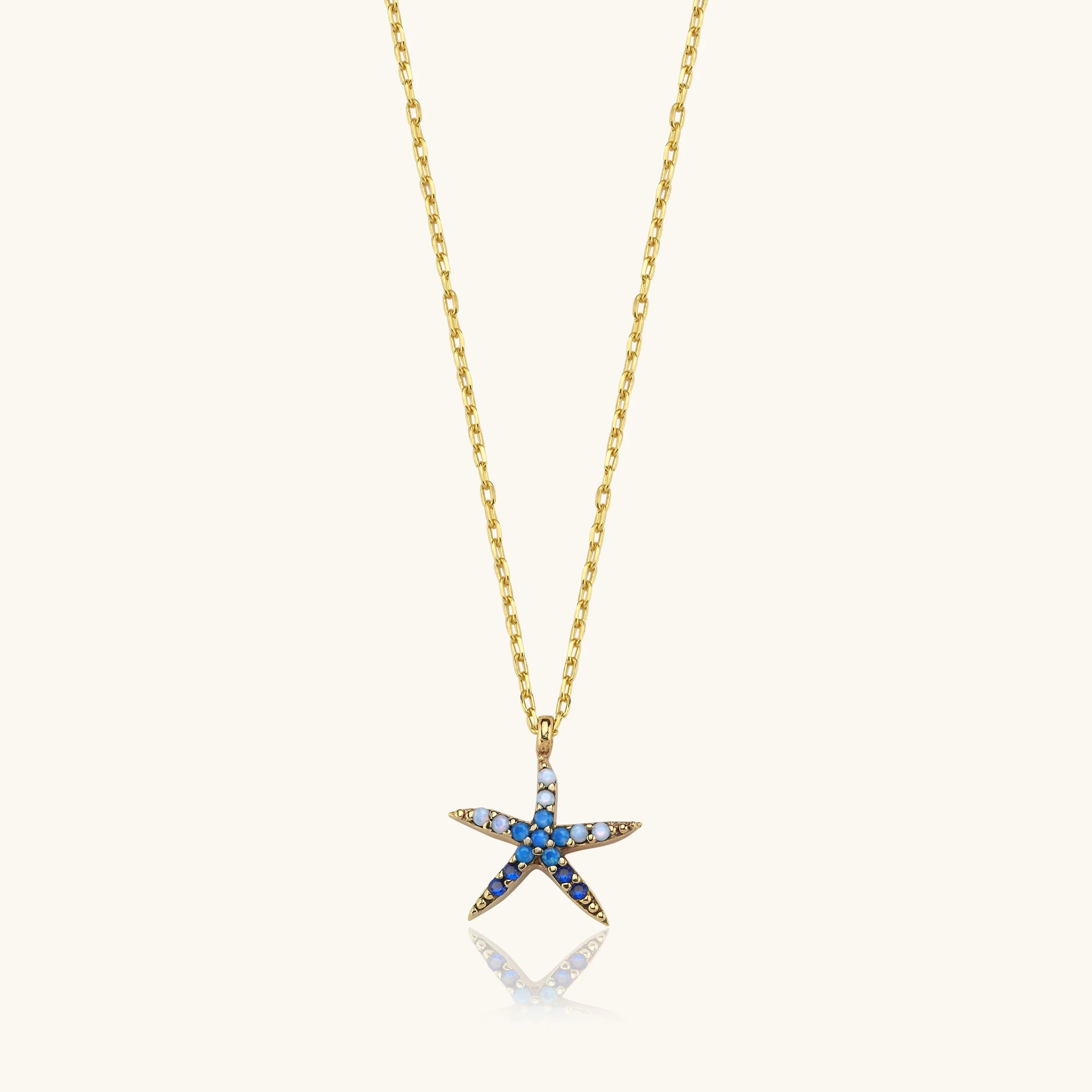 Starfish Necklace - 18K Gold-Plated Sterling Silver with Blue CZ Stones