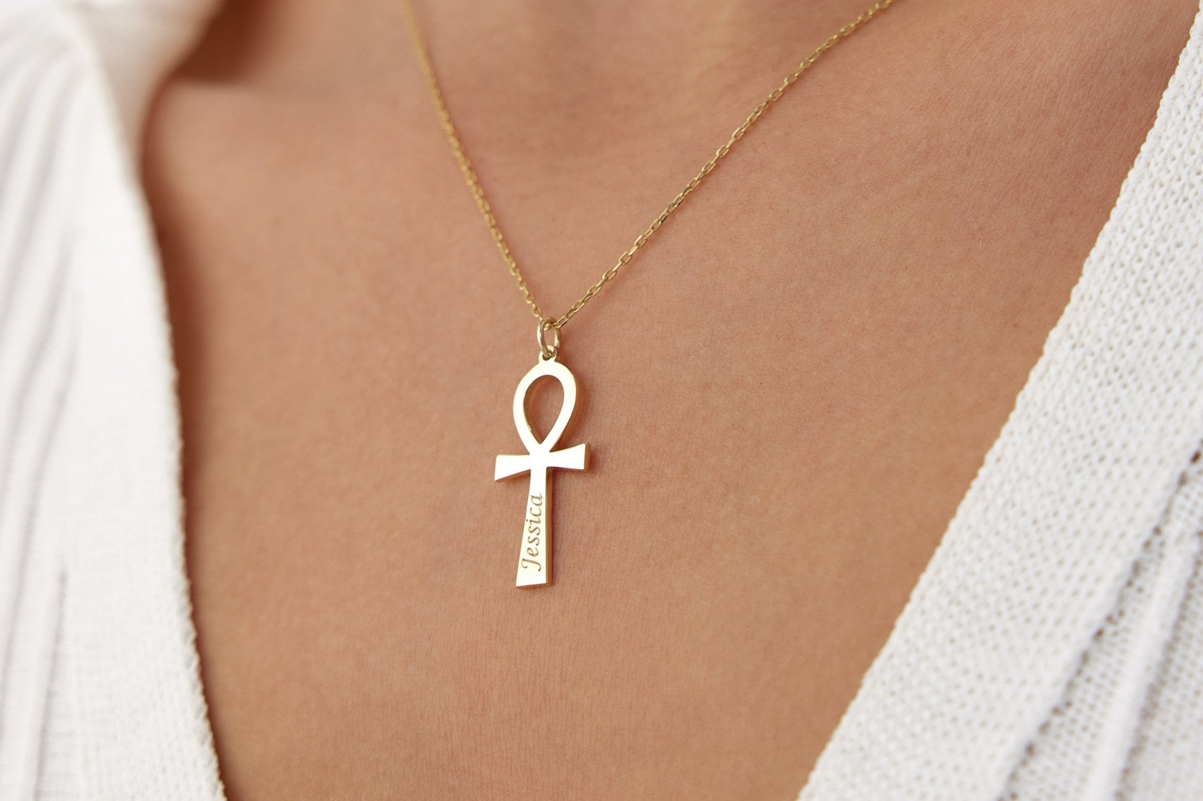 Ankh Necklace, Personalized 18K Gold-Plated Sterling Silver