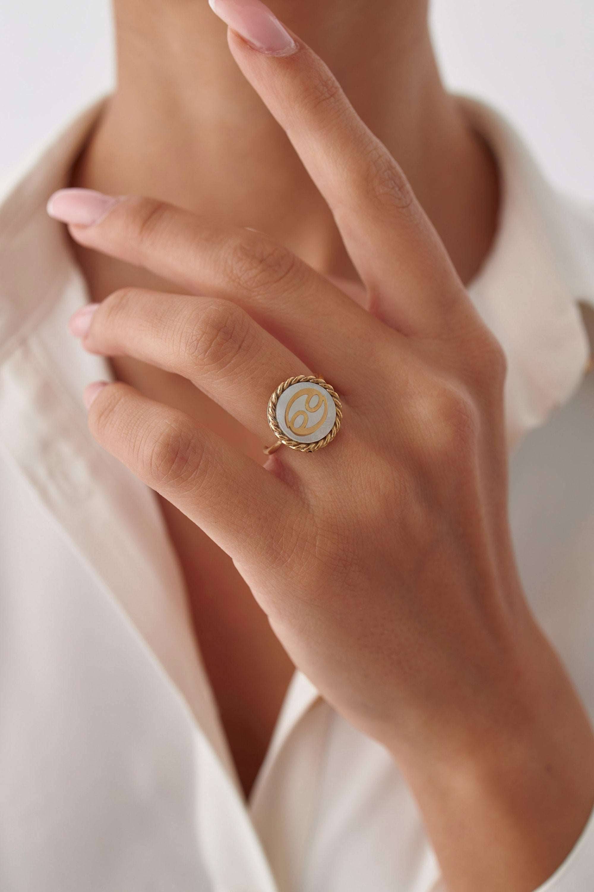 Personalized Mother of Pearl Zodiac Coin Ring